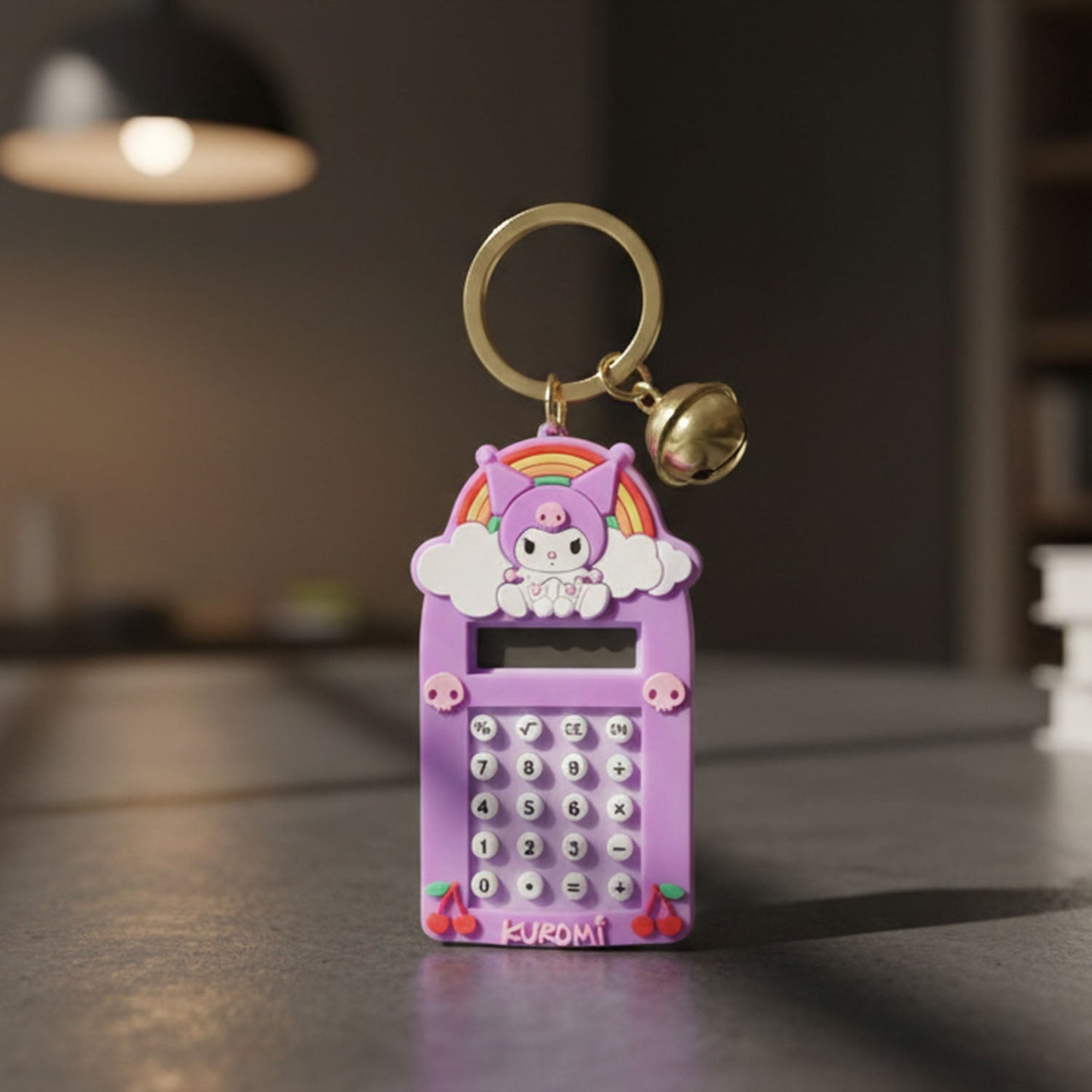 Cartoon-style Kuromi calculator keychain attached to bag zipper