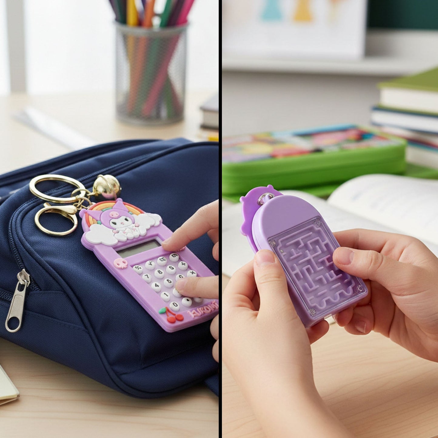 Digital calculator keychain in Kuromi cartoon style for kids and students