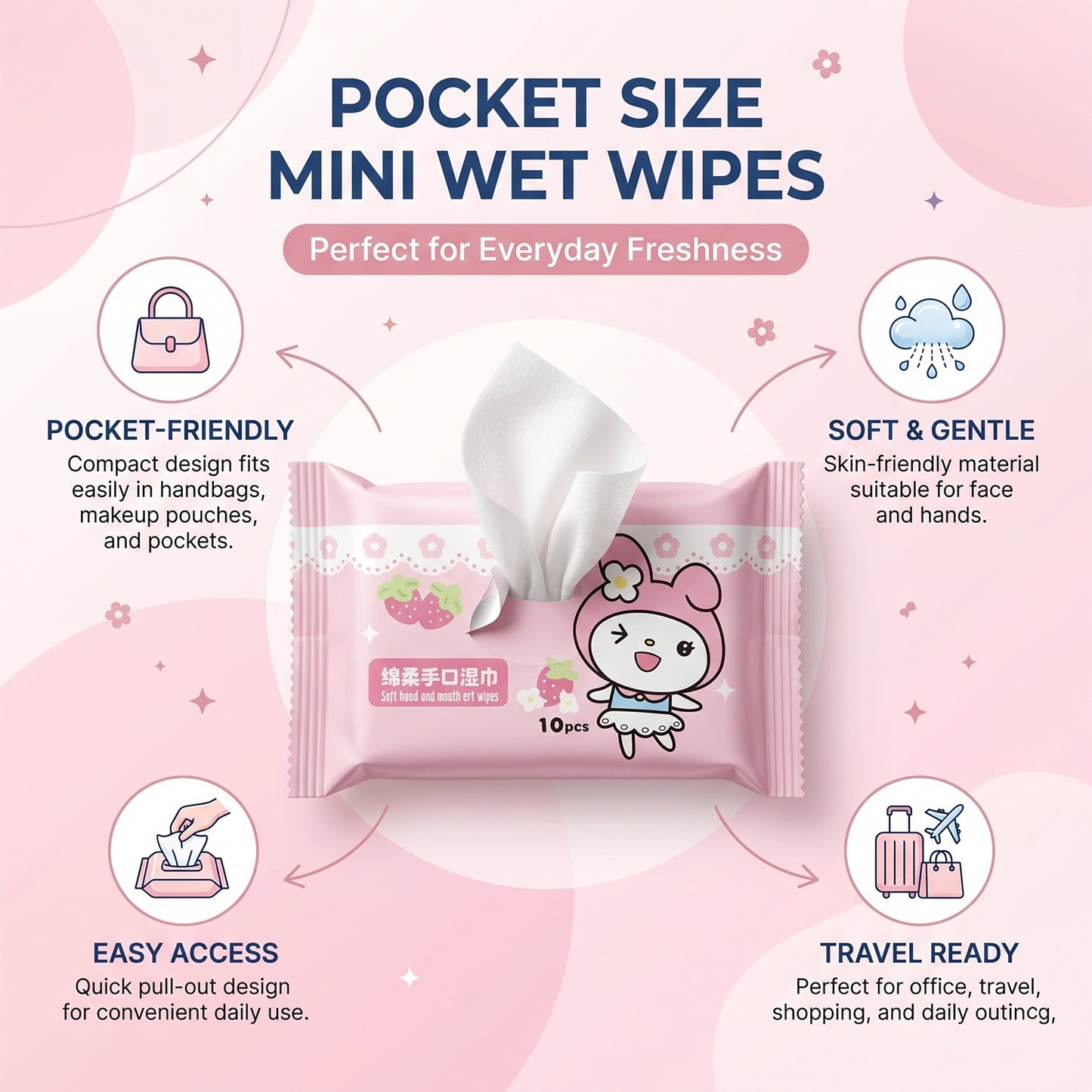 Single wet wipe pulled from colorful cartoon pack