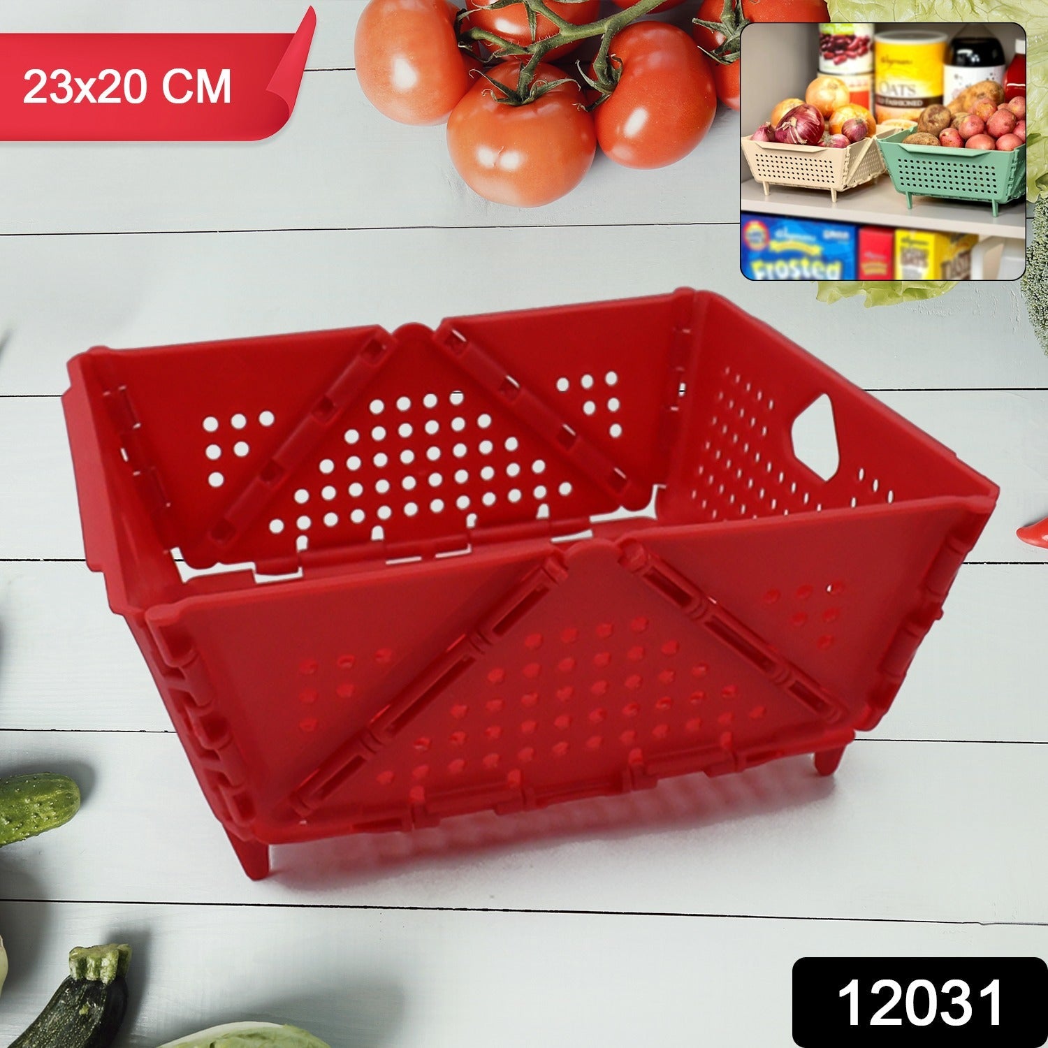 Ventilated foldable storage basket holding items on a kitchen countertop.