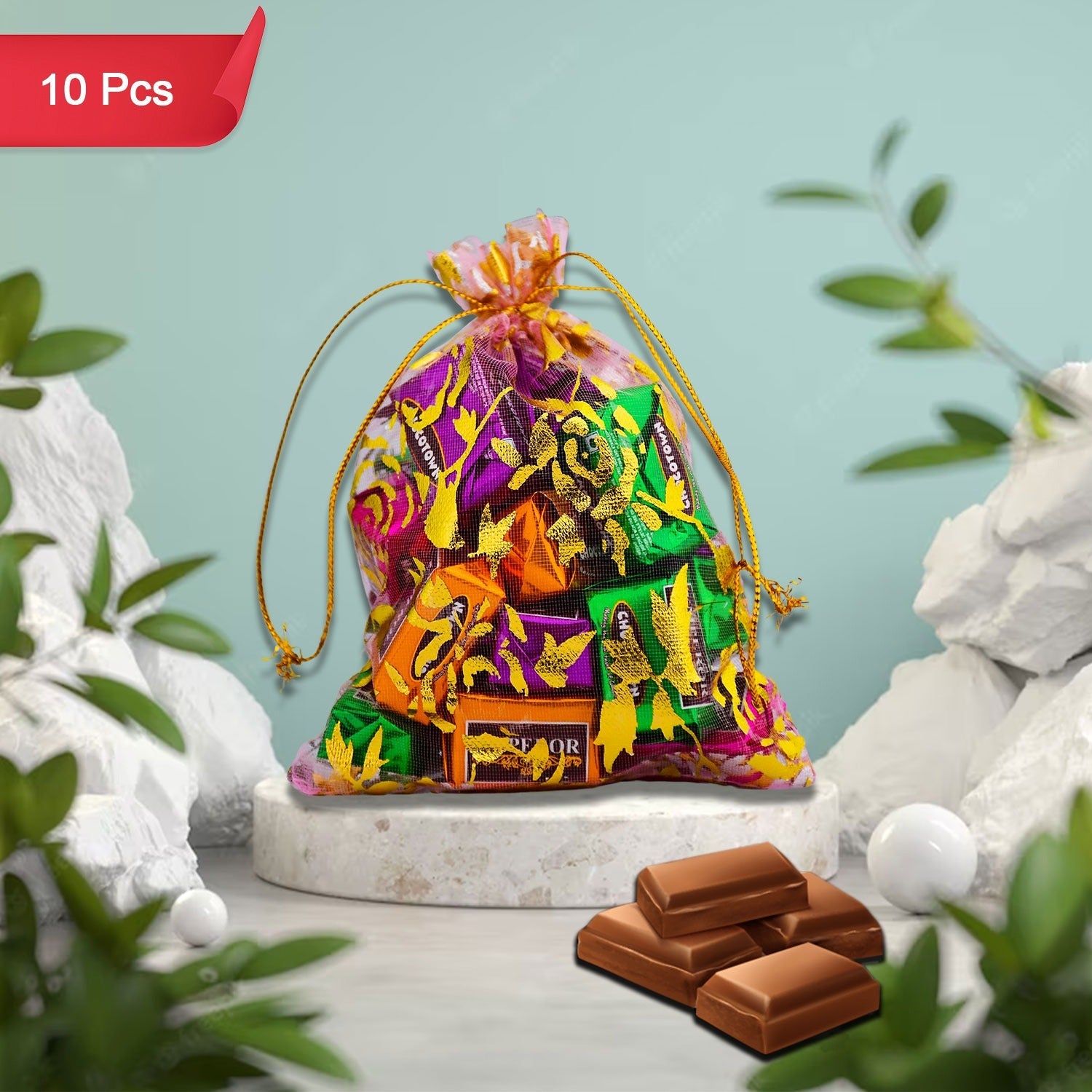 Assorted chocolates packaged inside decorative embroidered potli bags