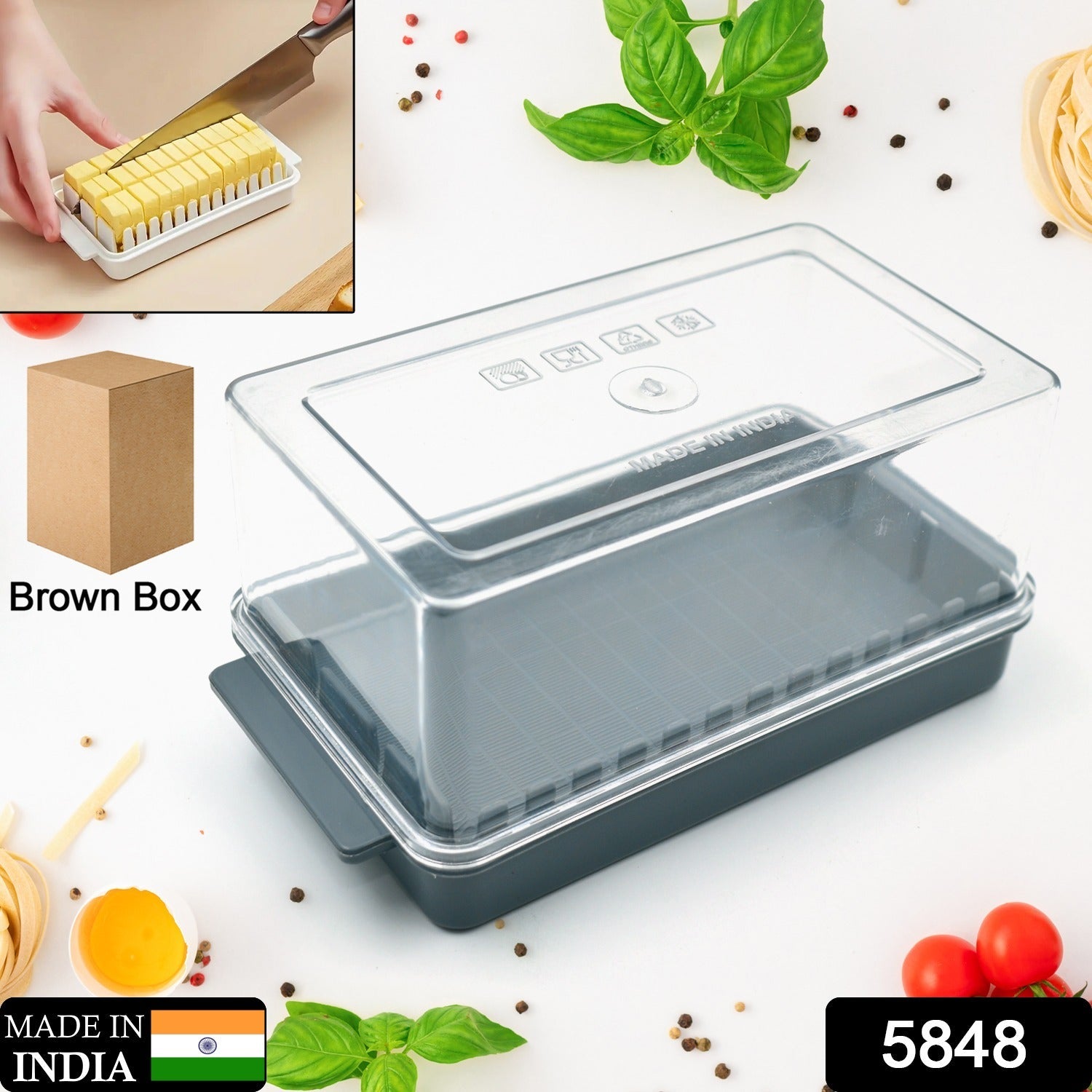 Butter slicer and storage box with its secure lid, showcasing the clear food-grade plastic.