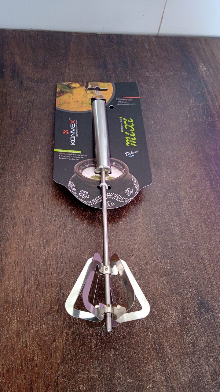 Packaging of the Konvex Hand Push Mixer, highlighting its features and brand logo.