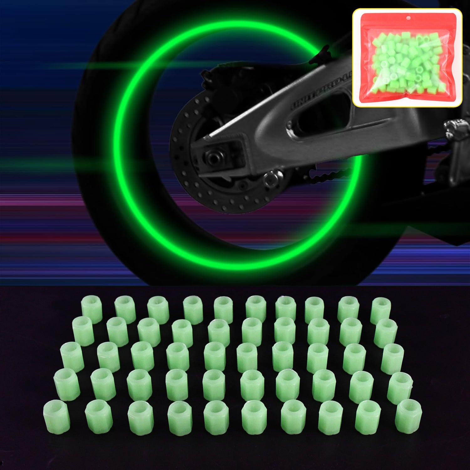 Luminous glow tyre valve caps glowing brightly on car tires