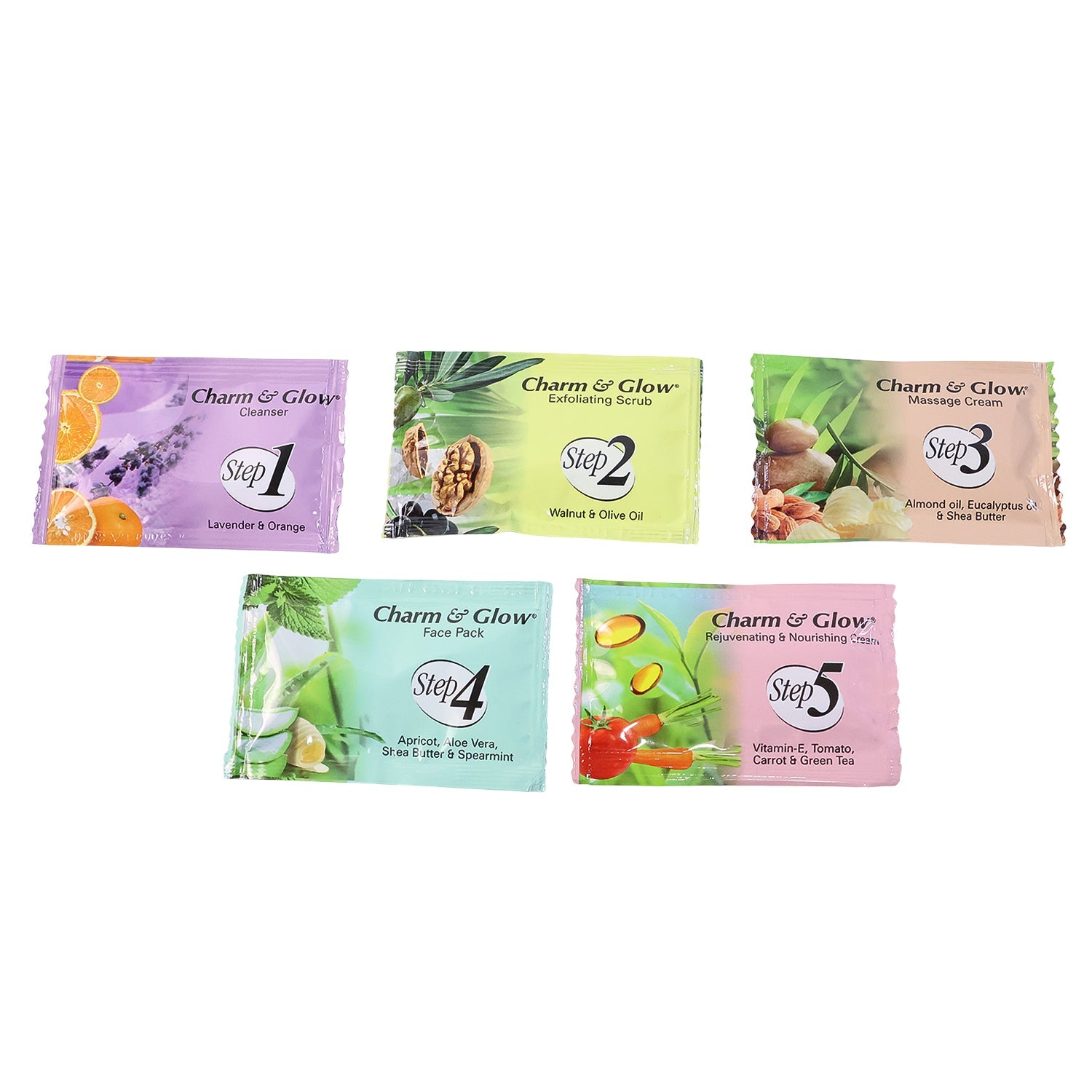 Close-up of sachets for herbal facial kit skincare steps