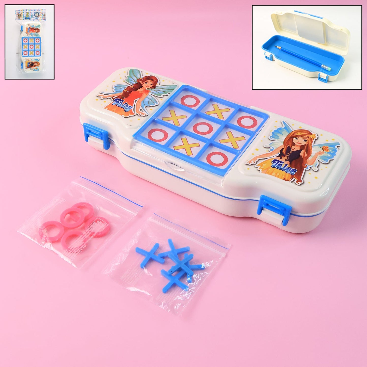 Kids Pencil Box with built-in Tic Tac Toe game and cartoon fairy print