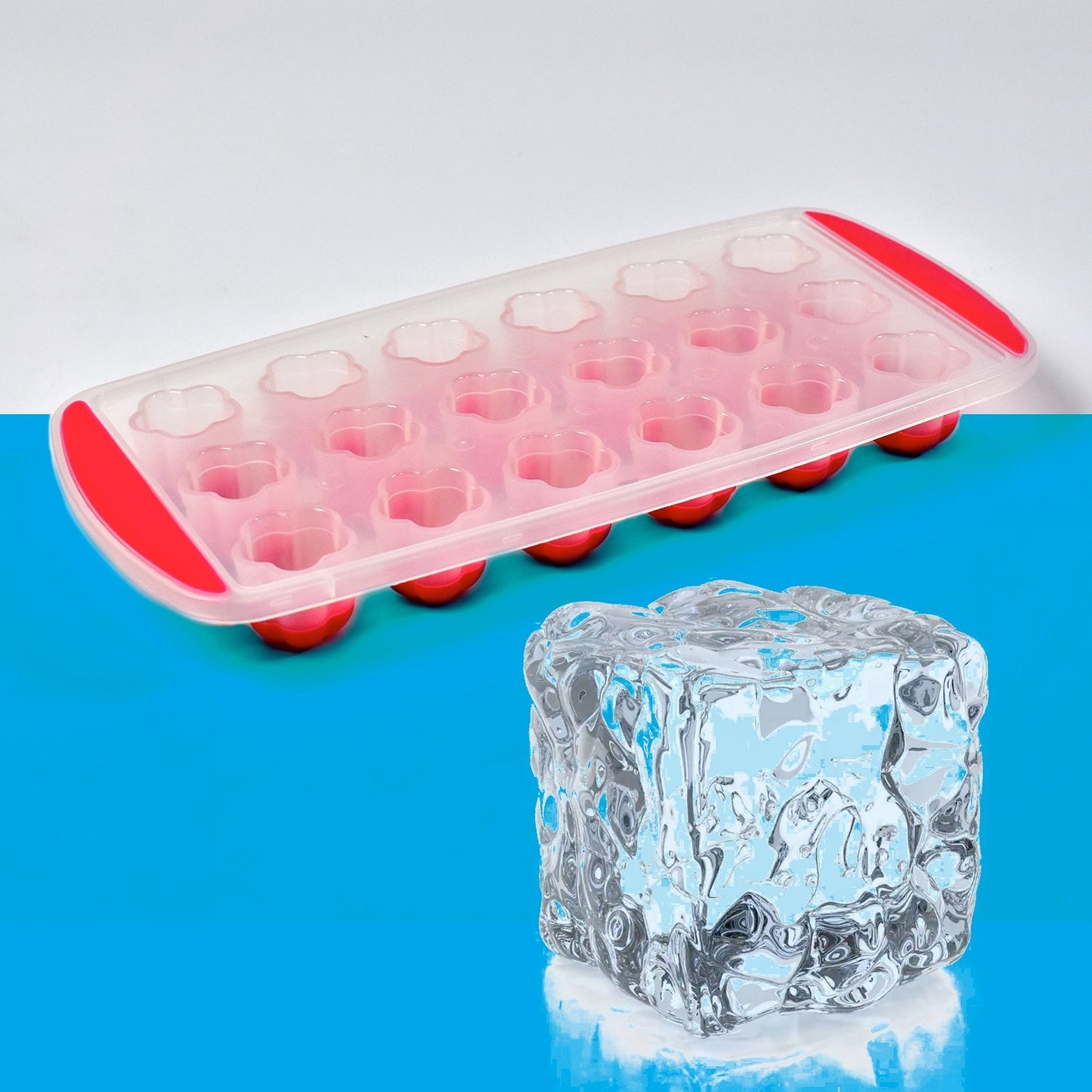 18-cavity flower ice tray made from pink silicone material.