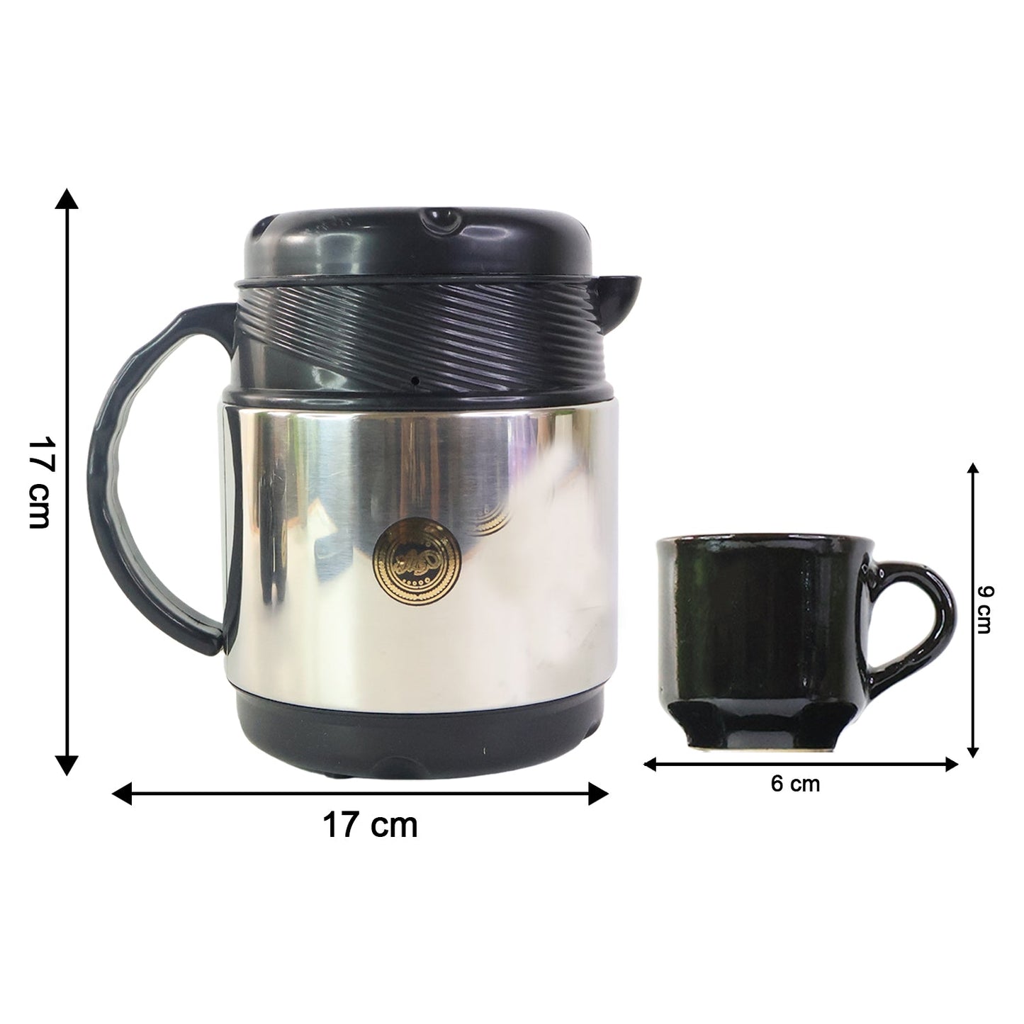 Close up of insulated thermos flask showing spill-proof lid and handle