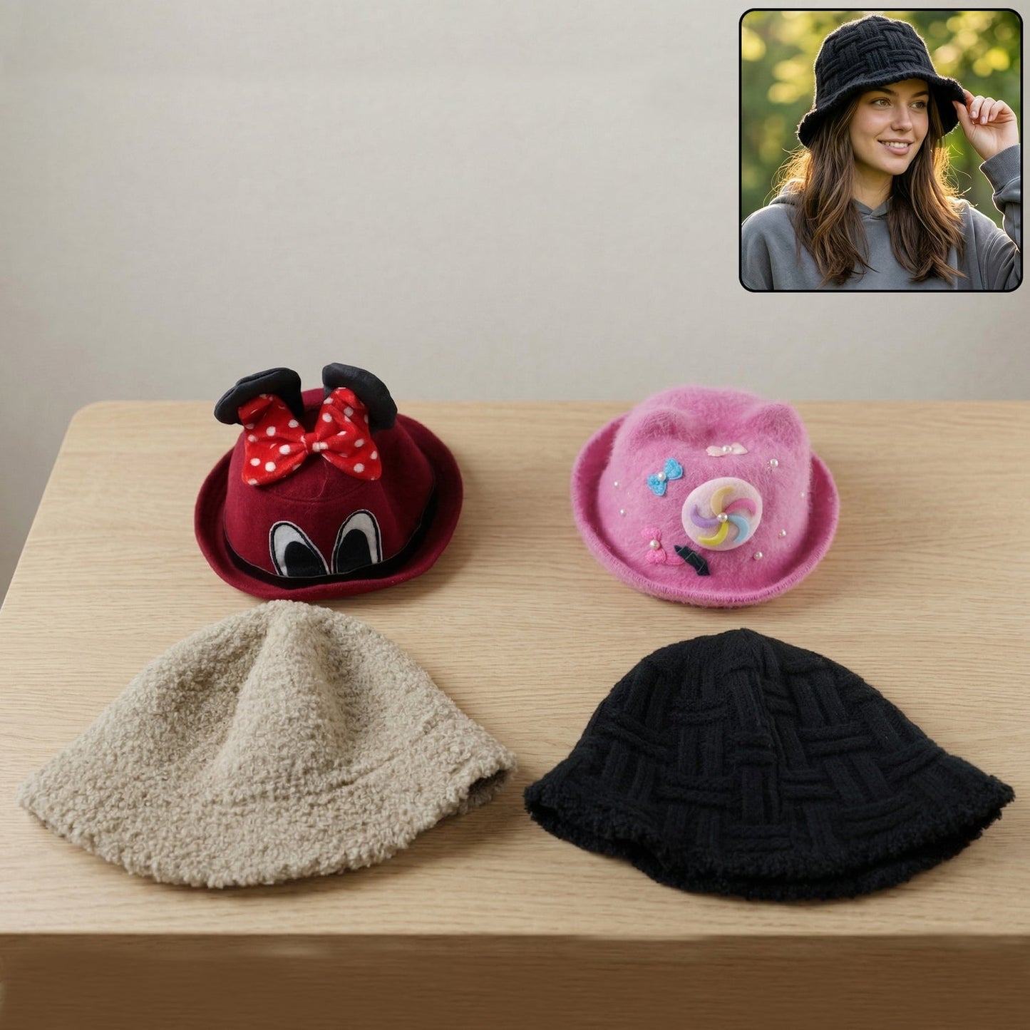 Bucket cap styled for winter outdoor wear