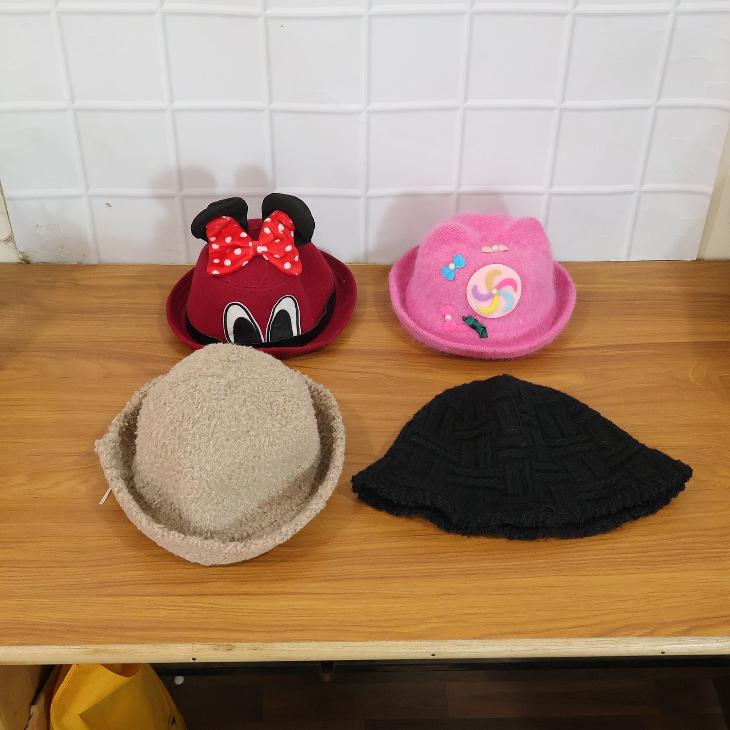 Bucket cap worn outdoors in winter