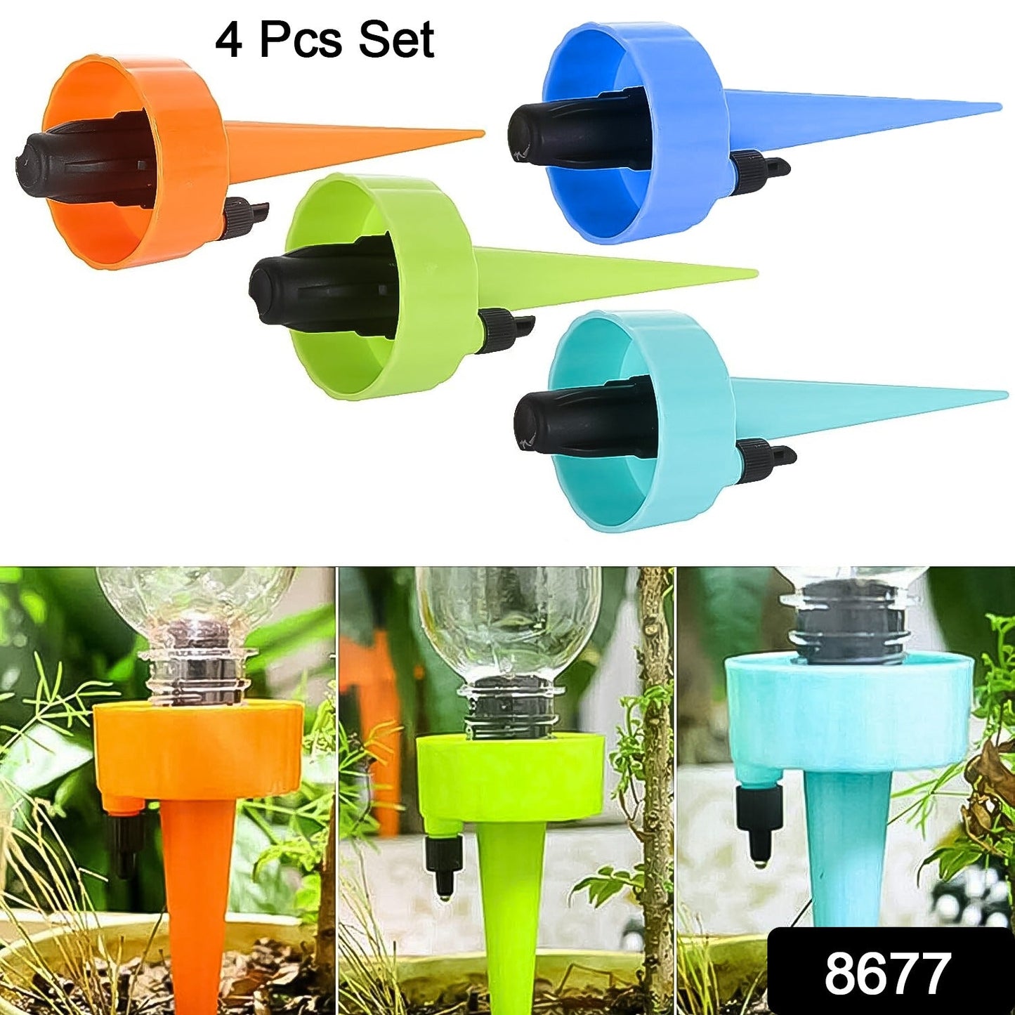 Four automatic plant watering devices inserted into potted plants.