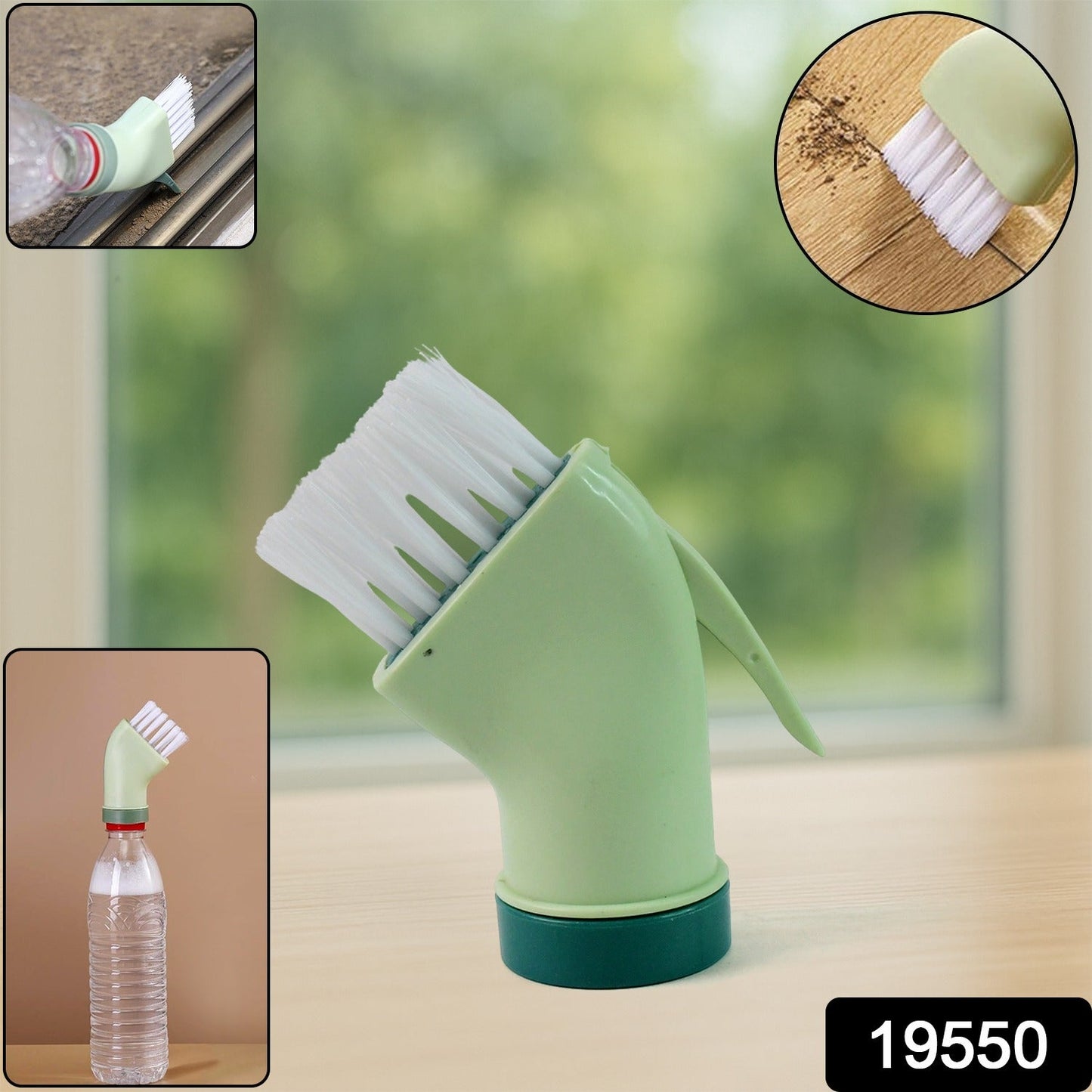 Multipurpose scrub brush attached to water bottle for deep cleaning in narrow spaces