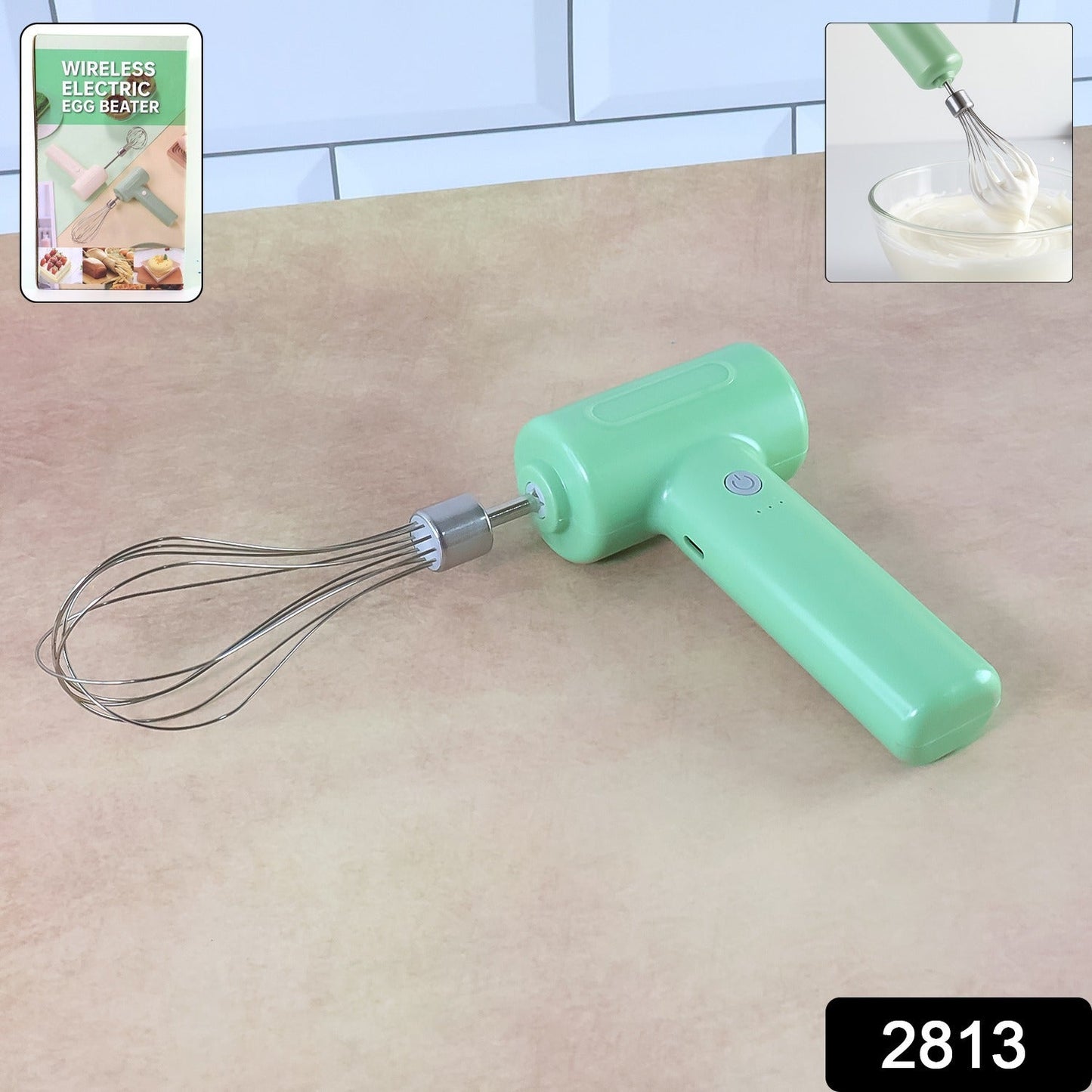 Cordless Electric Whisk with ergonomic T-grip handle and stainless-steel balloon whisk.