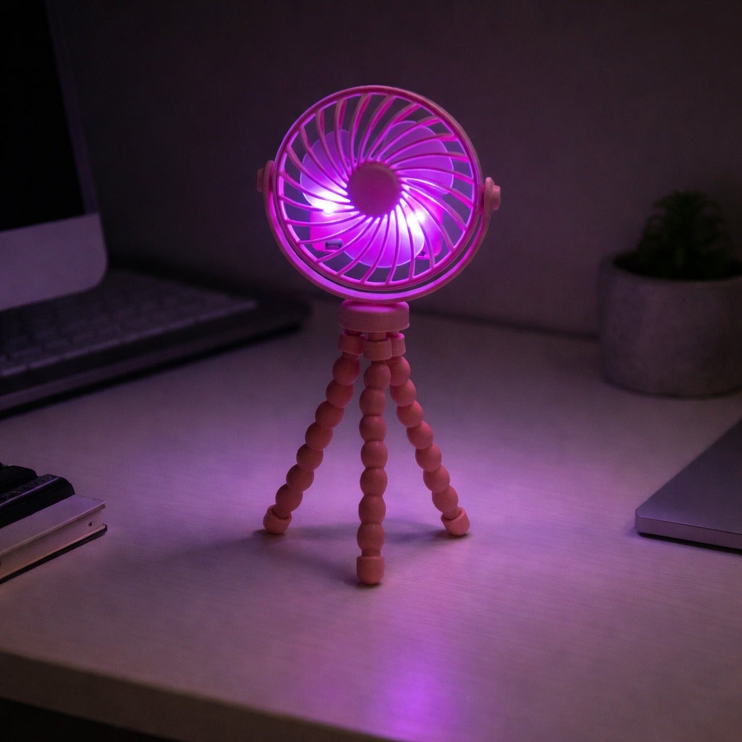 USB rechargeable portable fan featuring flexible tripod stand for stability