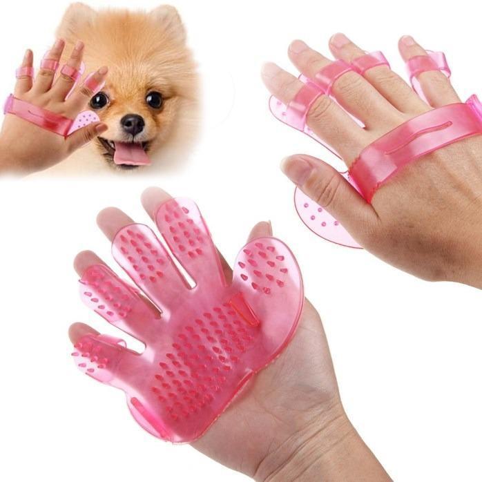 Pets enjoying grooming with a rubber massage glove
