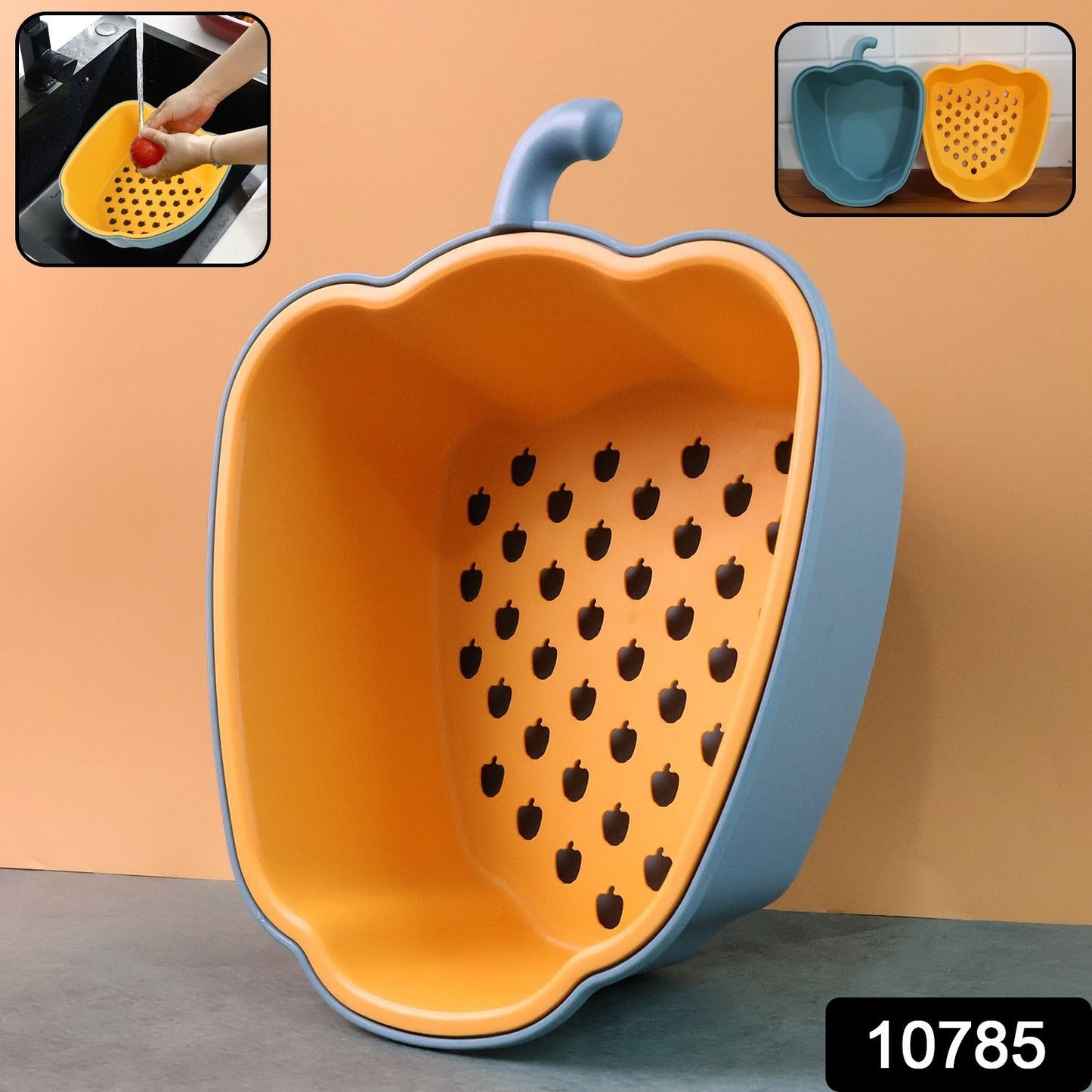 Close-up of pepper shape washing bowl showing removable colander strainer