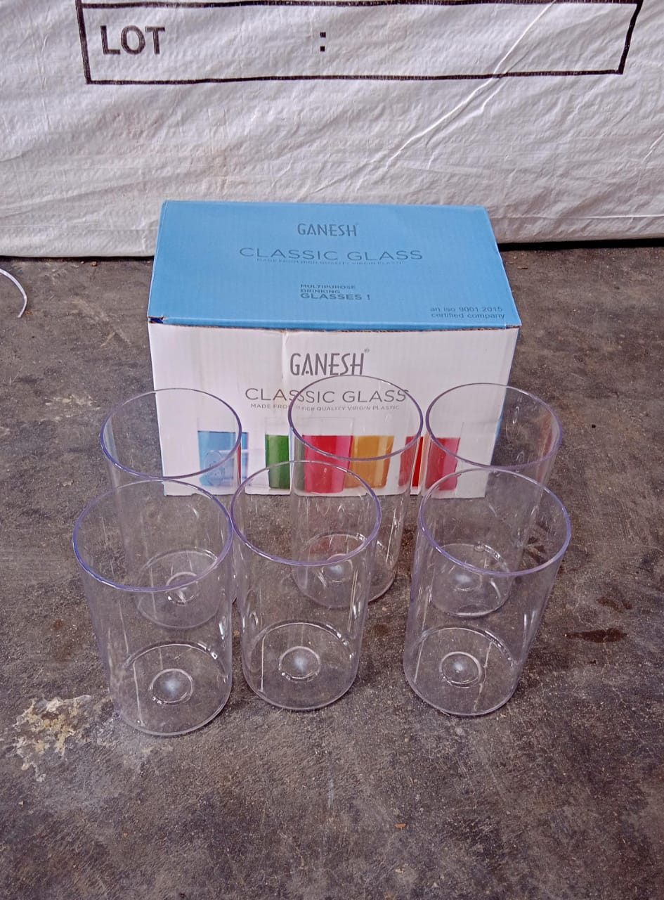 Packaging of the Ganesh Classic Plastic Glasses Set, indicating product details.