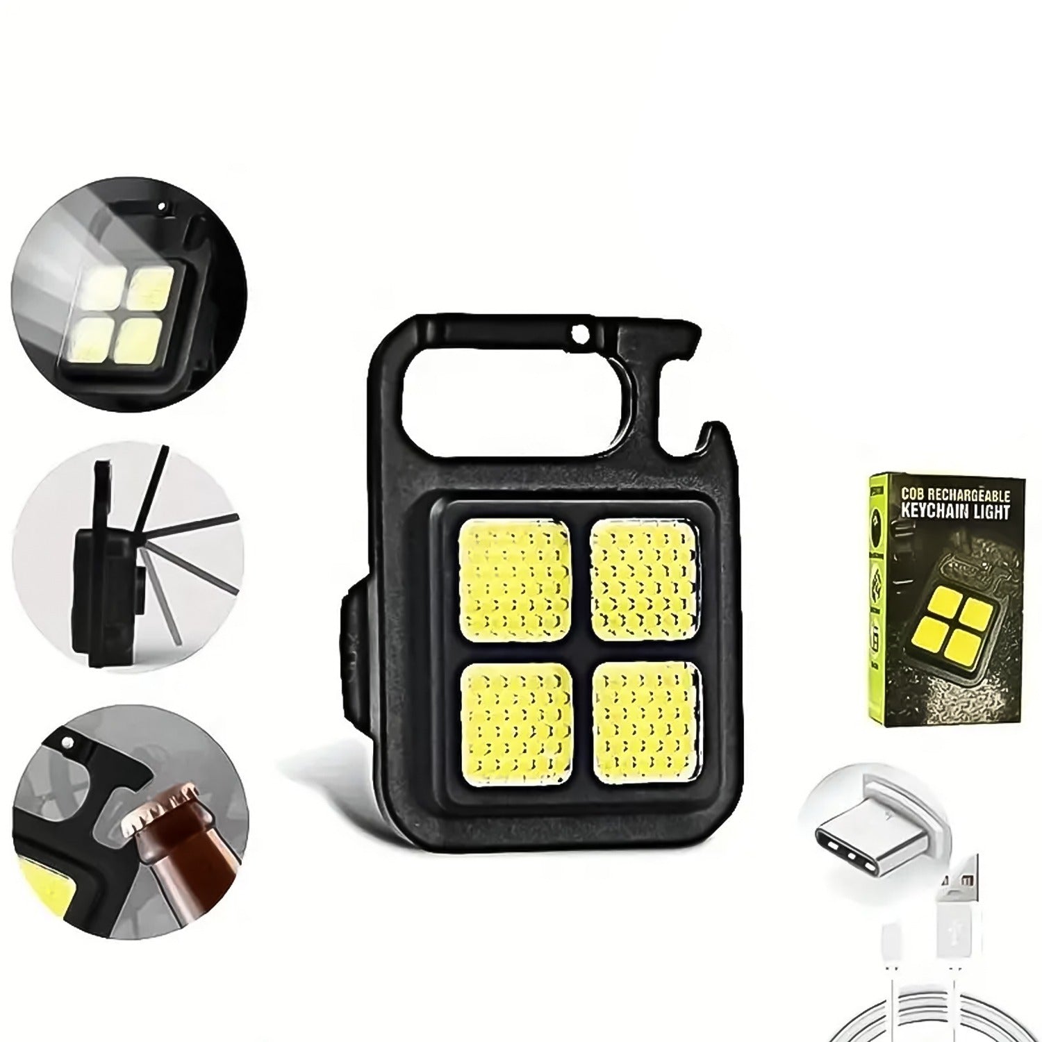 Compact Mini LED Keychain Light with 4 LEDs and a magnetic base.
