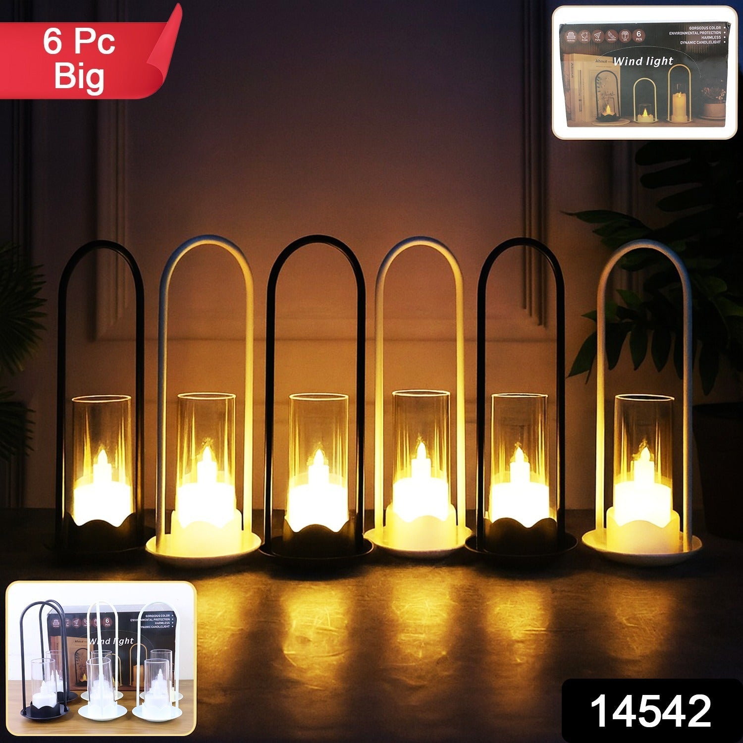 Close-up of big wind light style flameless LED candles in a set of six