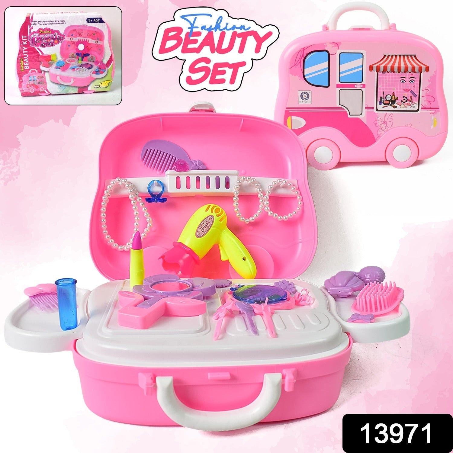 Young girl happily playing with her pretend play makeup kit.
