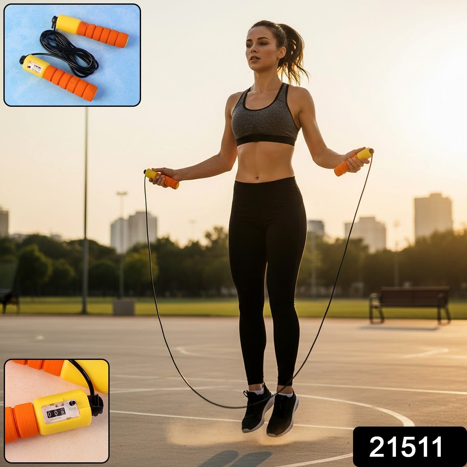 Close-up of digital counter on adjustable fitness jump rope for cardio