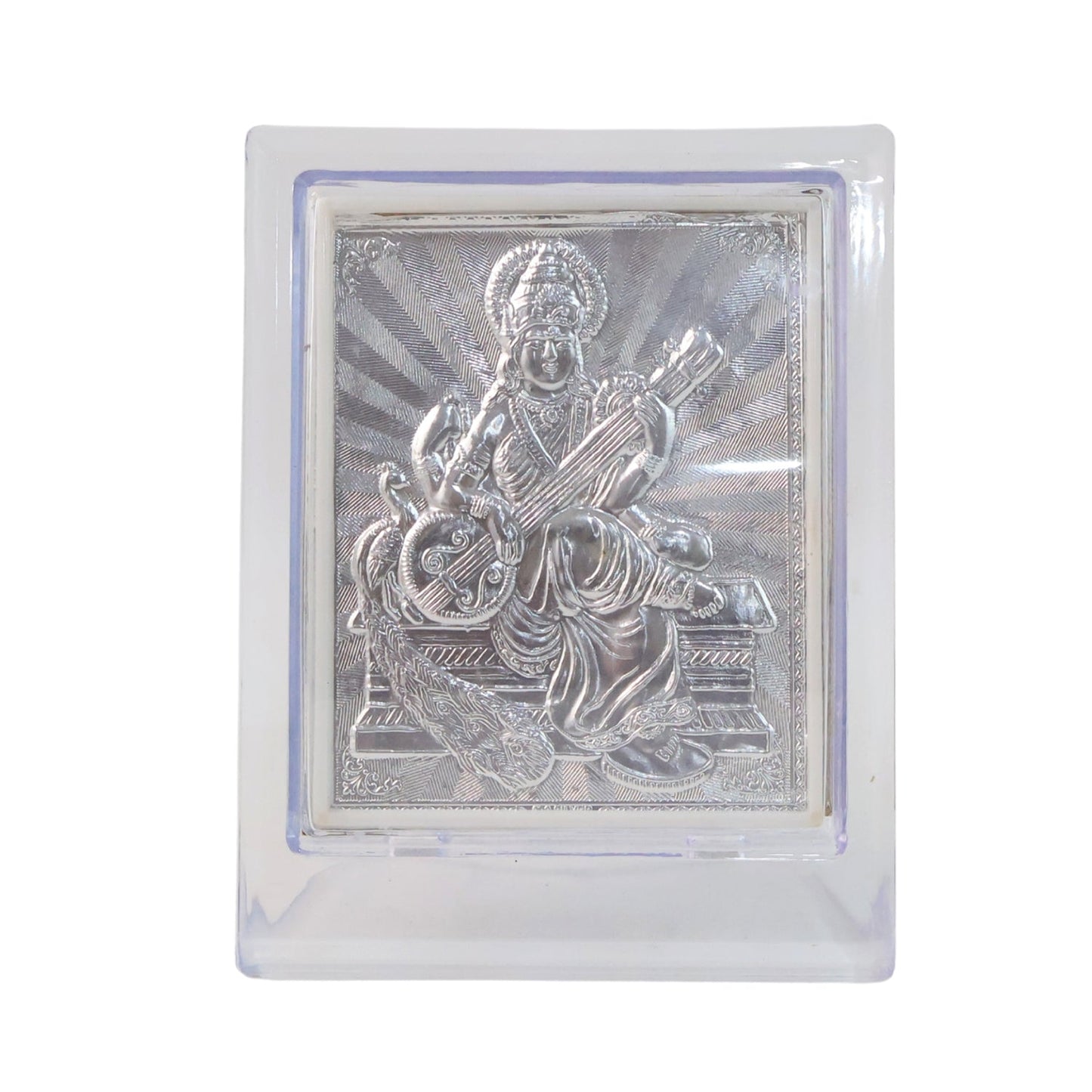 Side profile view of silver Saraswati Maa photo frame showing sturdy stand