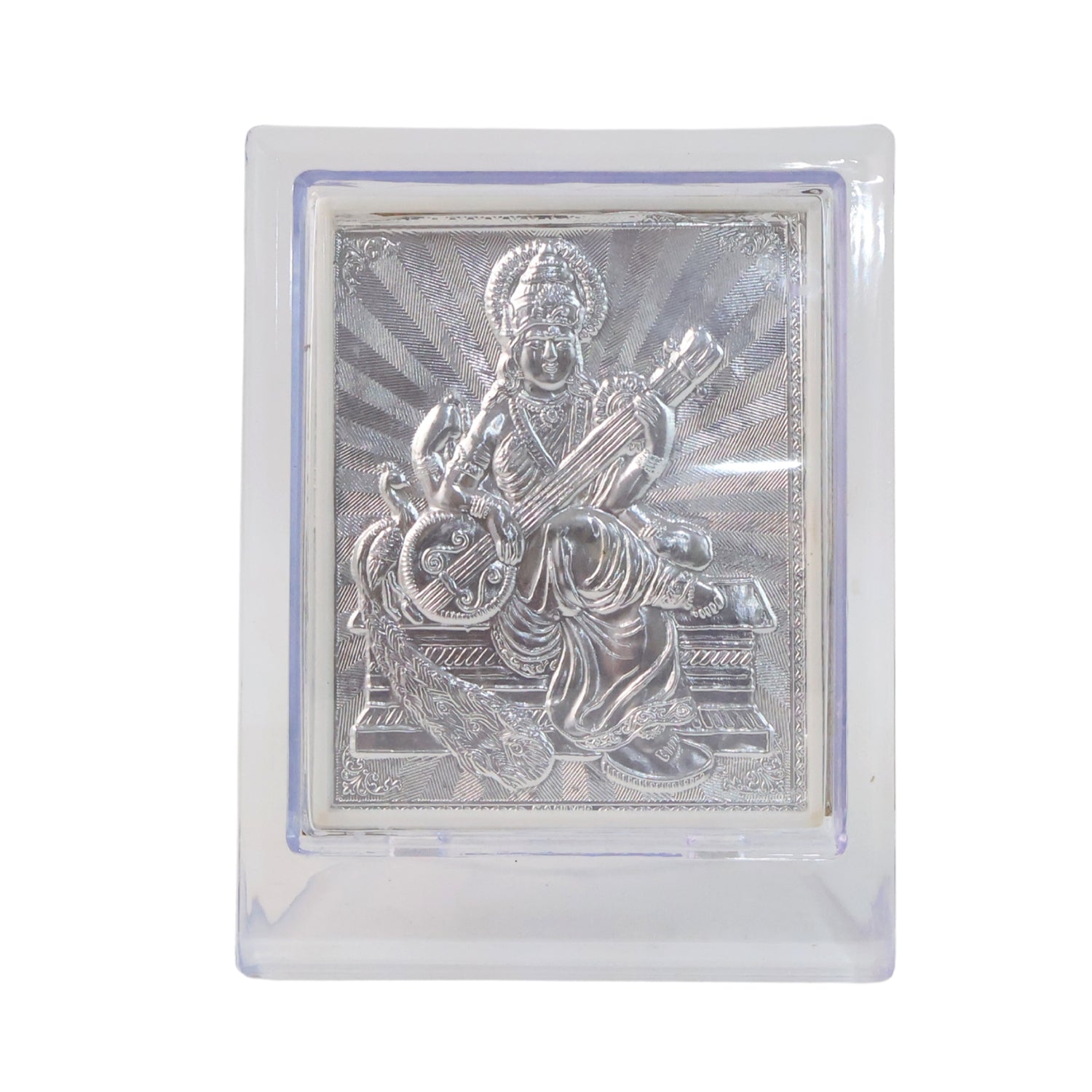 Side profile view of silver Saraswati Maa photo frame showing sturdy stand