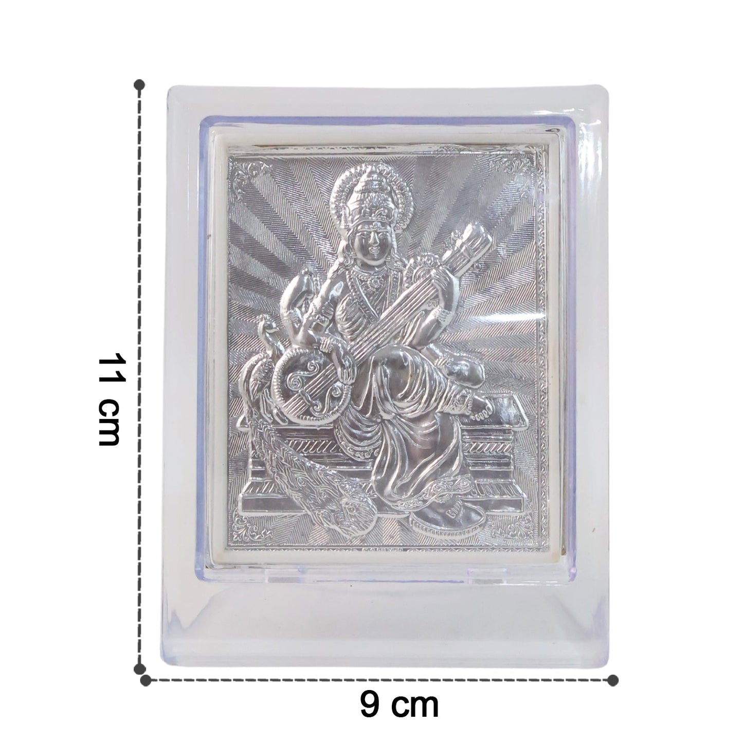 Silver Saraswati Maa photo frame displayed on a flat surface with clear acrylic cover