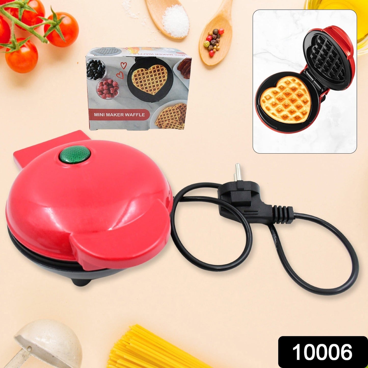 Mini Waffle Maker with open lid and freshly cooked waffle inside