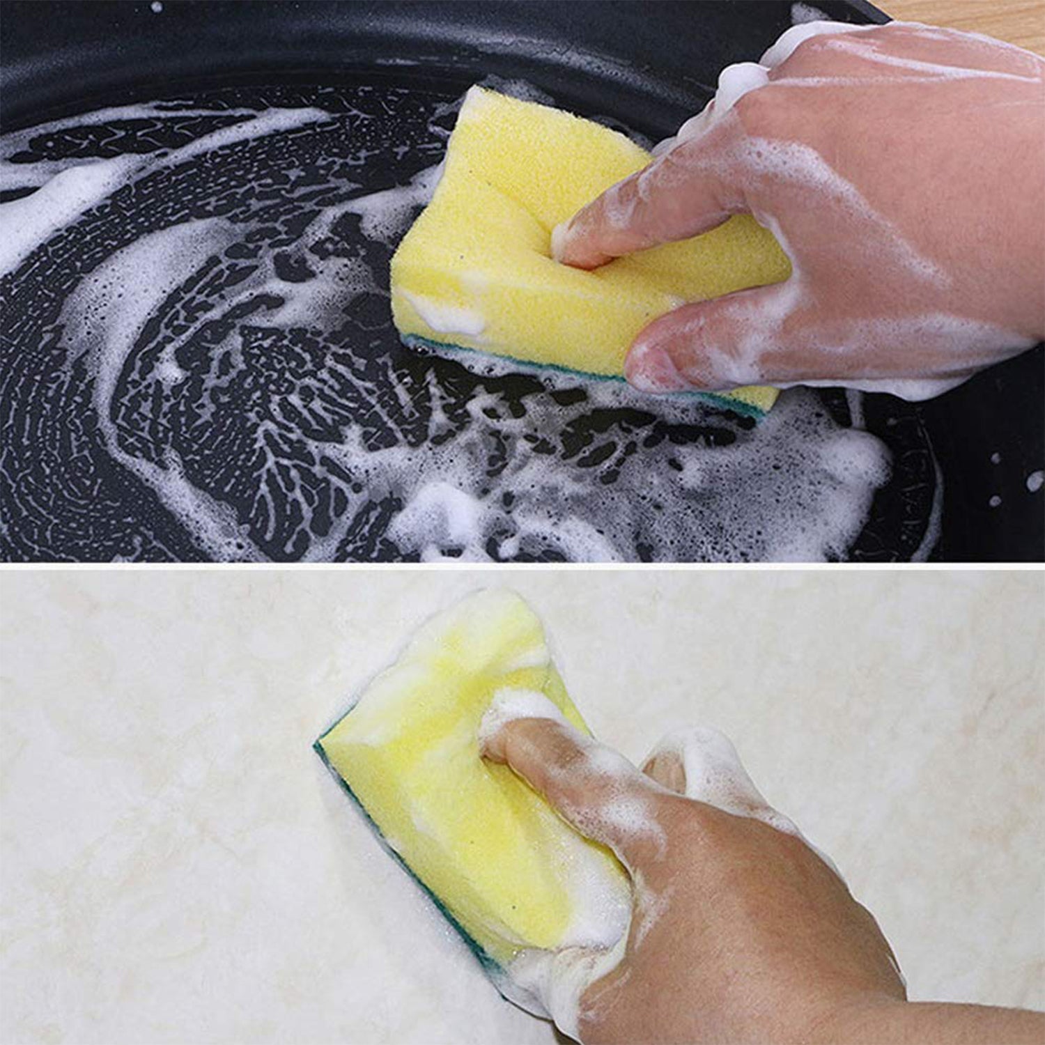 Our 2-in-1 multi-purpose scrub sponge resting on a clean kitchen counter.