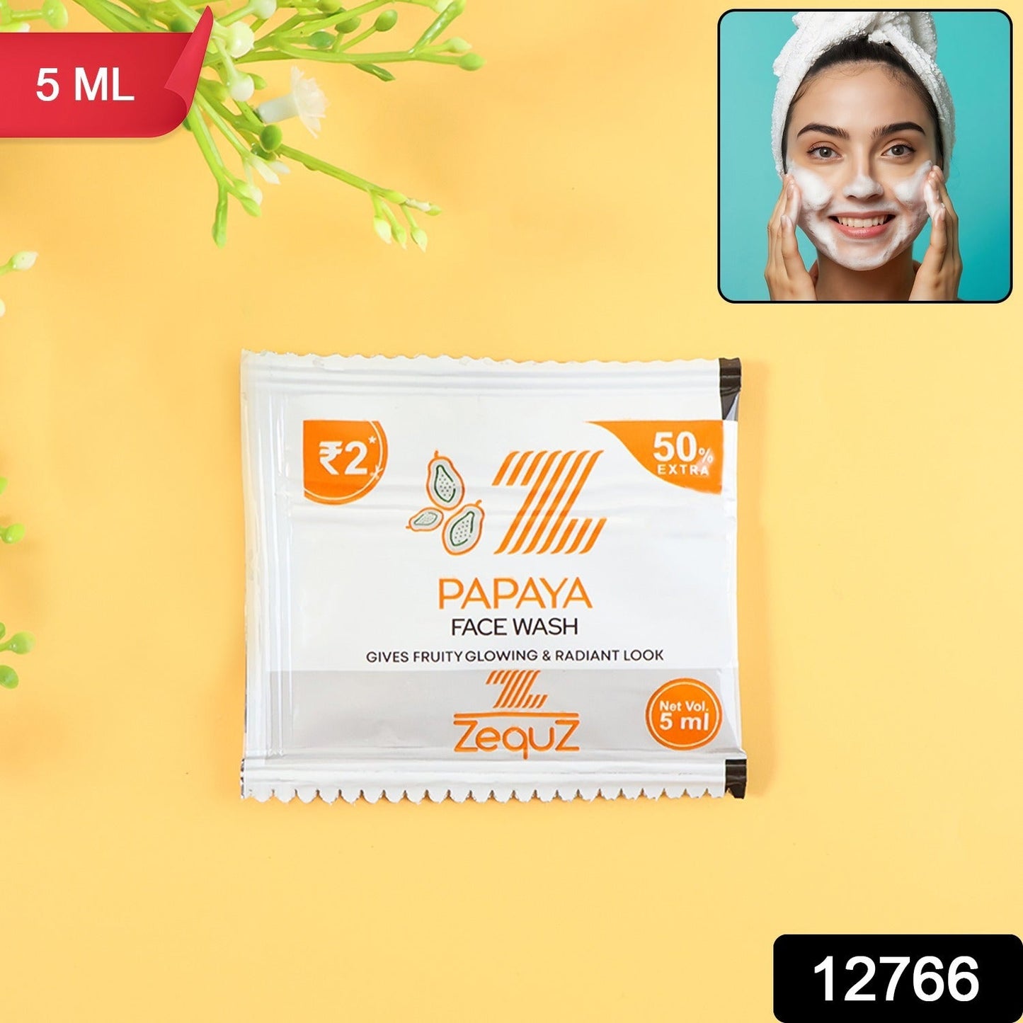 Close-up of papaya face wash sachet with foaming texture