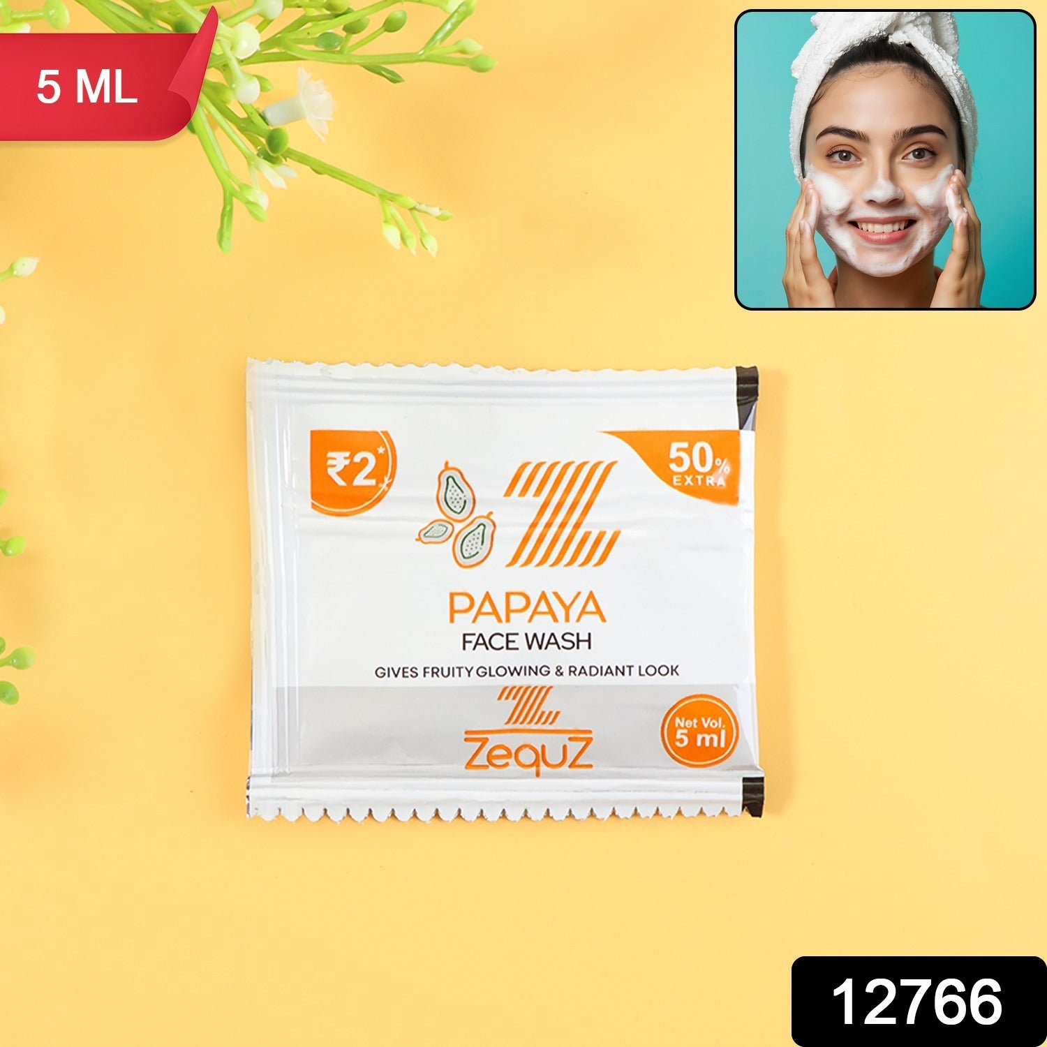 Close-up of papaya face wash sachet with foaming texture