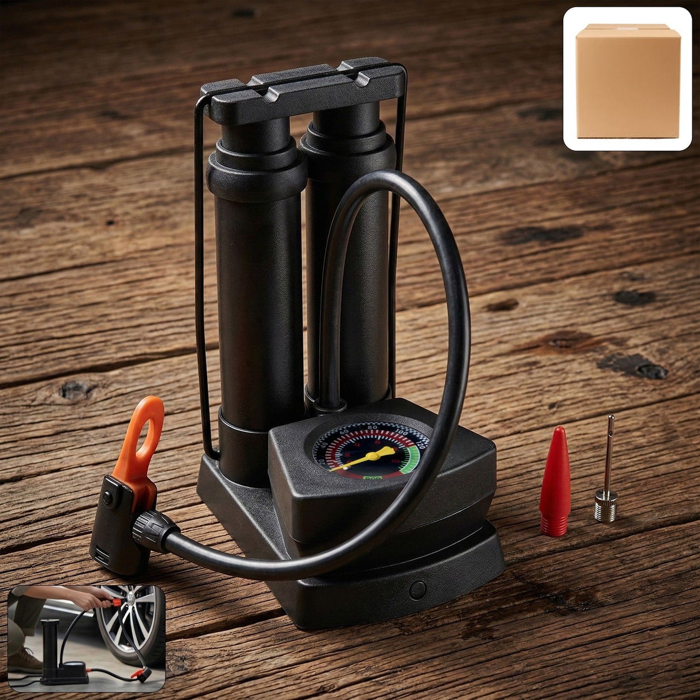 Top view of portable foot air pump with pressure gauge