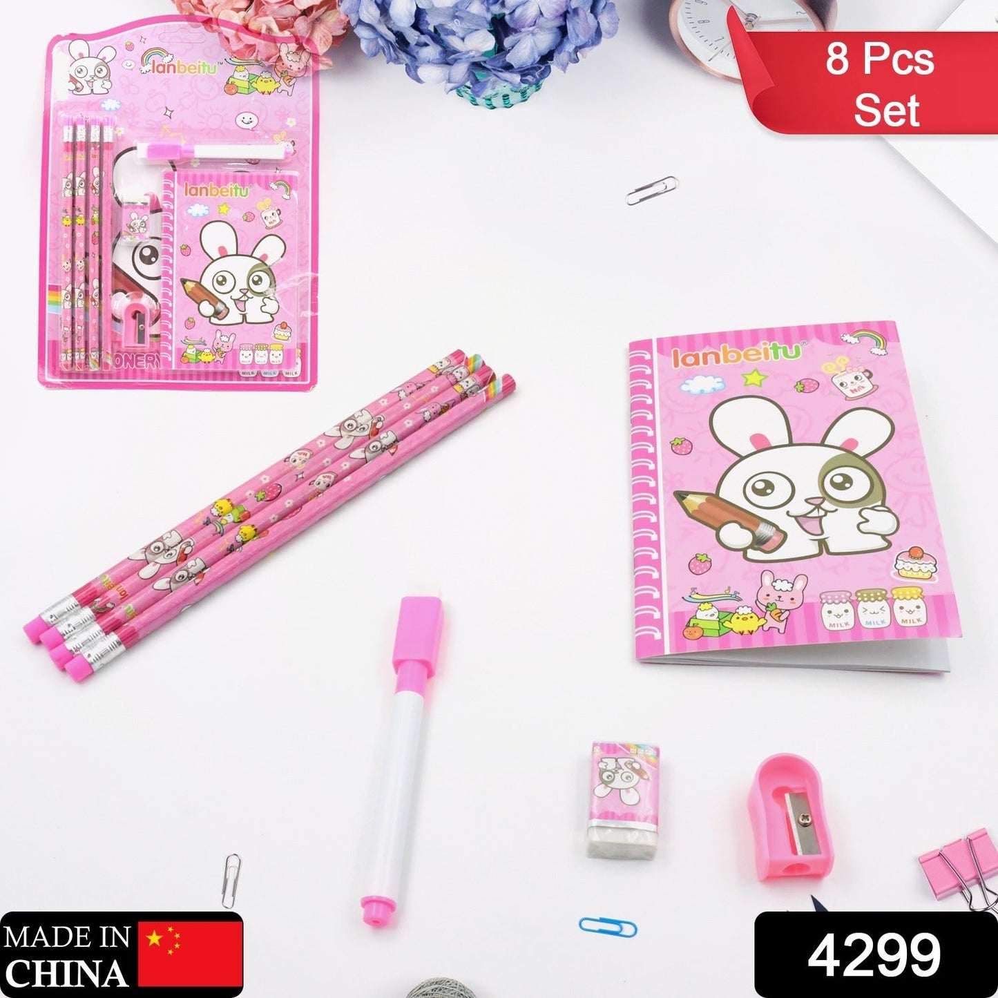 Full 8-piece Kids' Stationery Kit featuring a diary and wooden pencils.