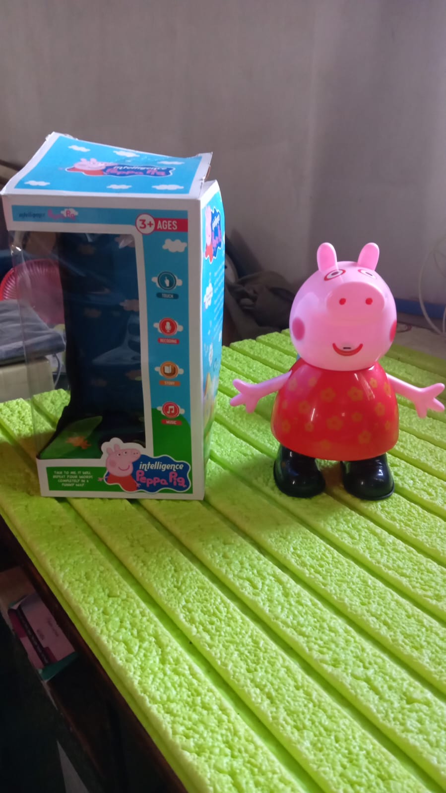 Diagram showing the dimensions of the pig pretend play toy, with length, width, and height.