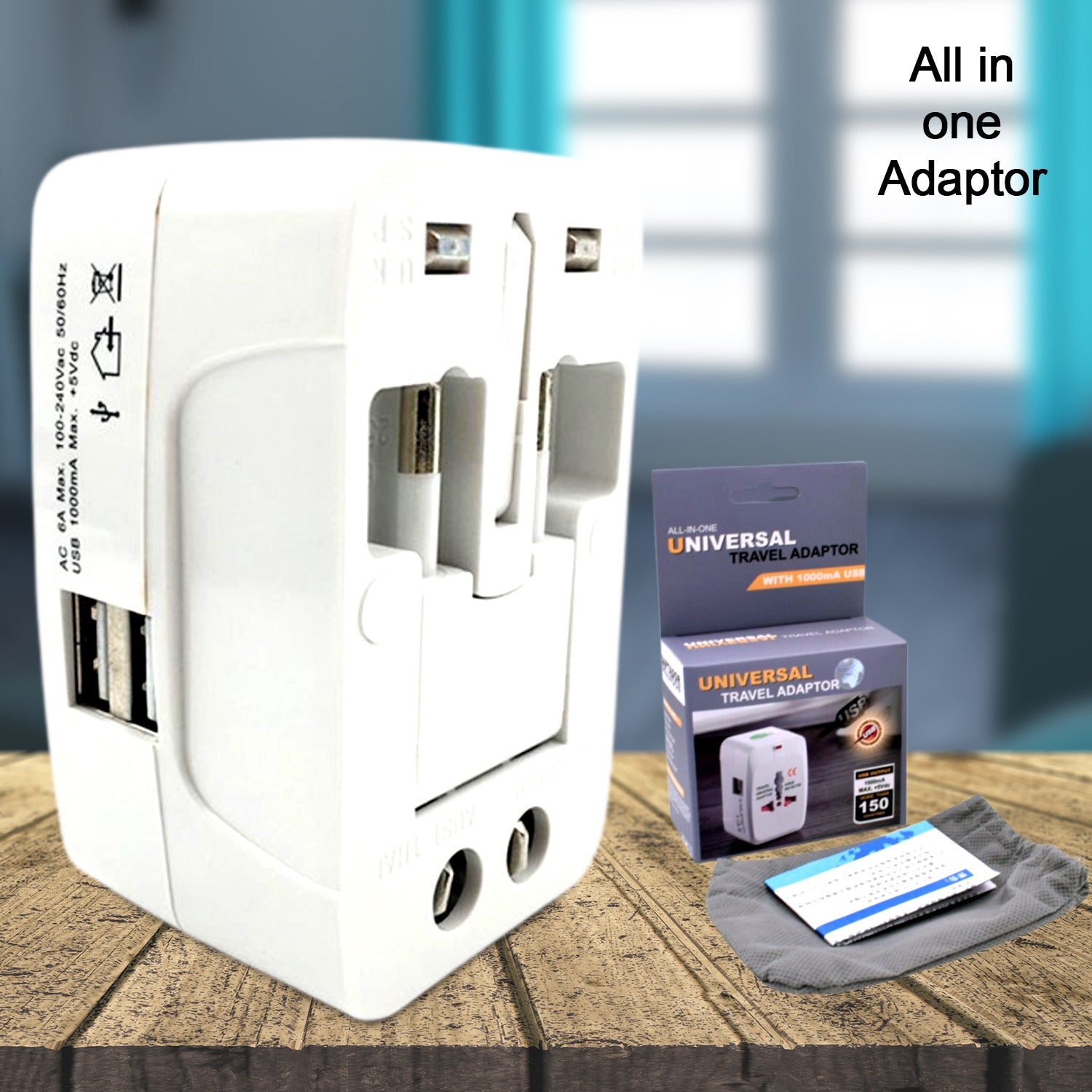 Poravar Universal Travel Adapter showing AU, UK, US, EU plug types.