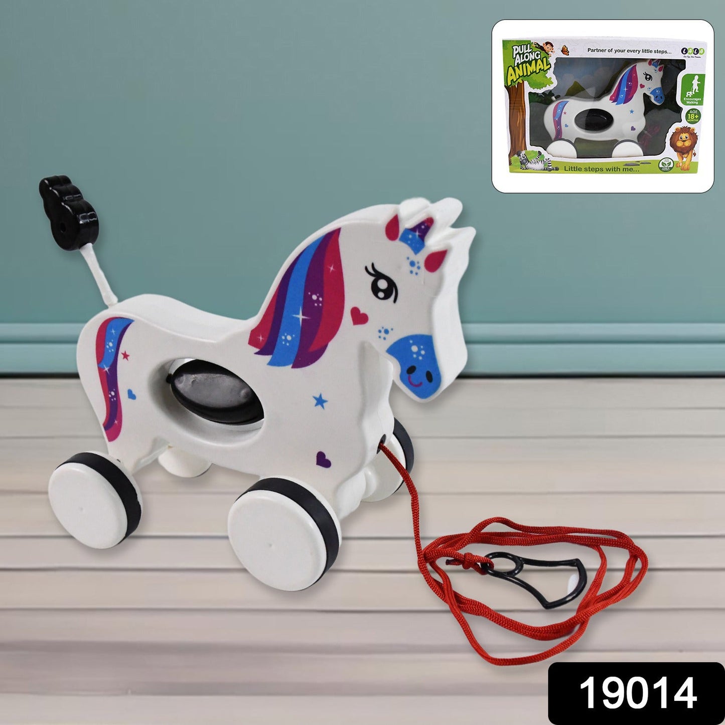 Close-up view of the friendly face and horn of the Unicorn pull along toy