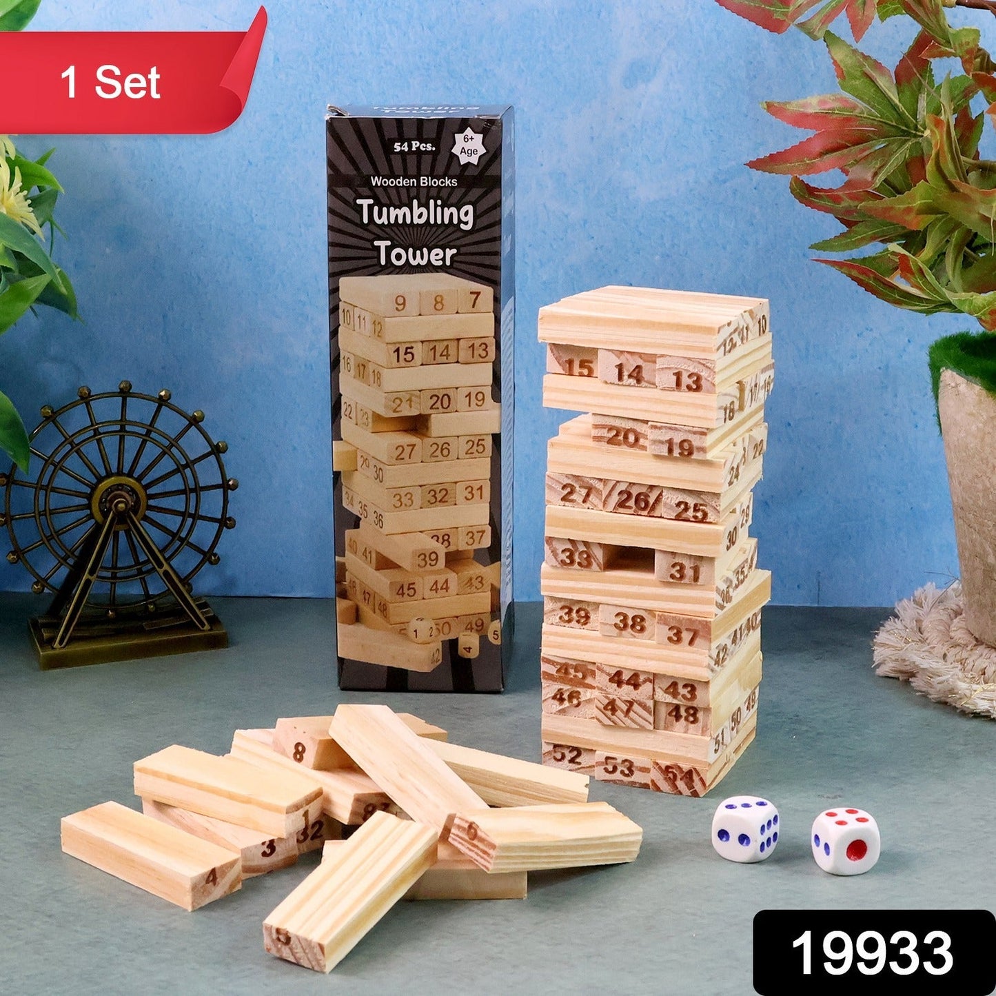Close-up of numbered wooden blocks used in the Tumbling Tower game