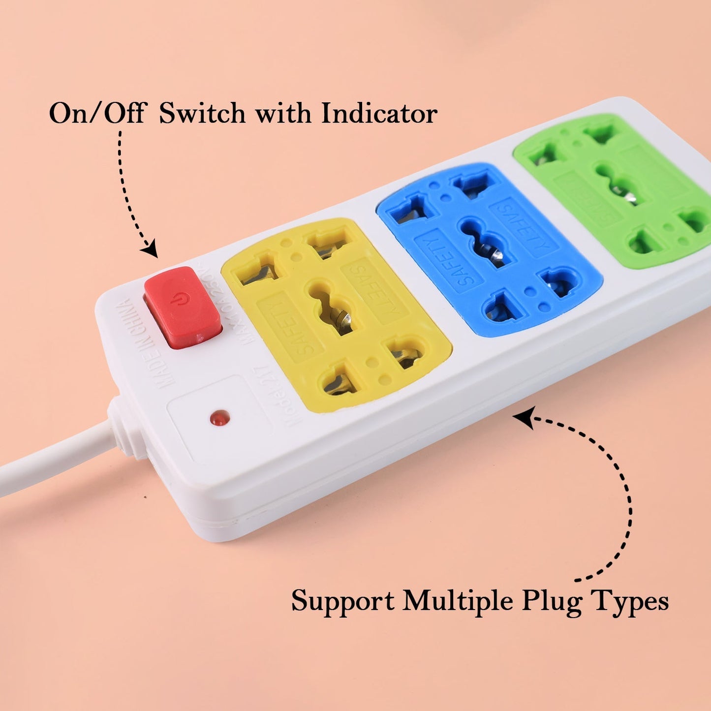 Universal plug board showing multiple socket types for Indian and international plugs
