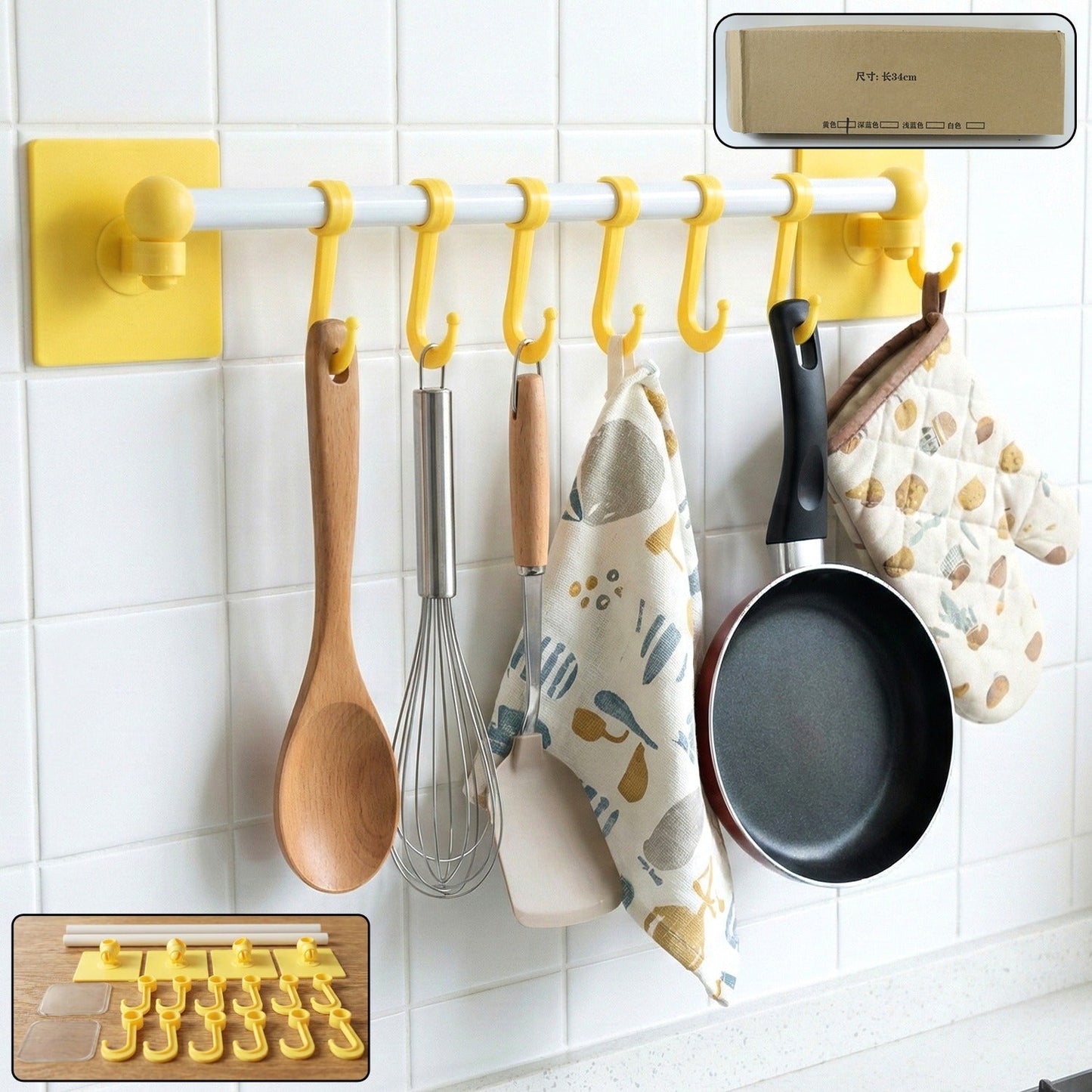 Wall mounted kitchen rack with adhesive hooks holding kitchen accessories