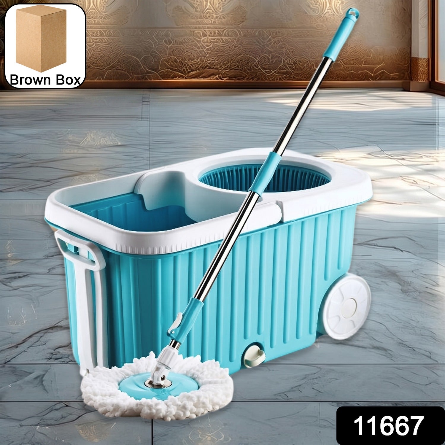 Close-up of stainless steel spinner extracting water from mop head on spin mop
