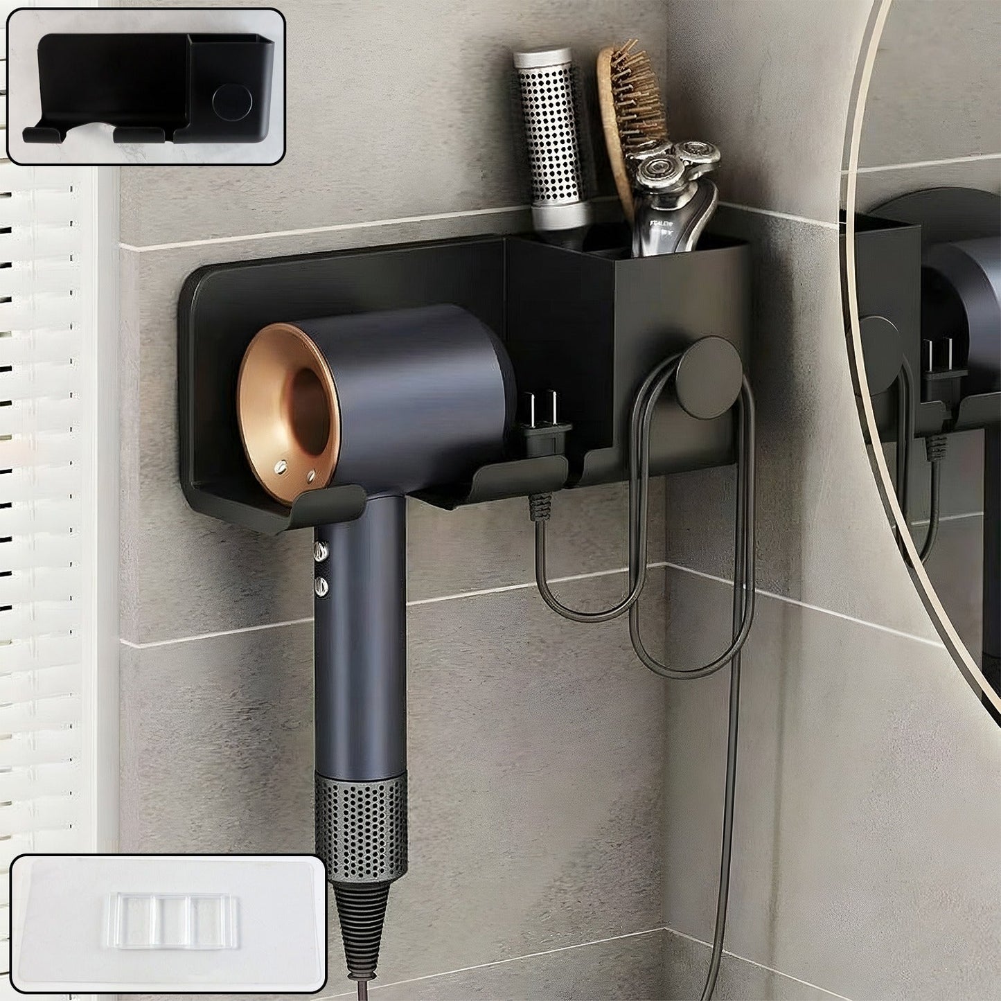Wall mounted hair dryer holder with shelf and hook for bathroom organization
