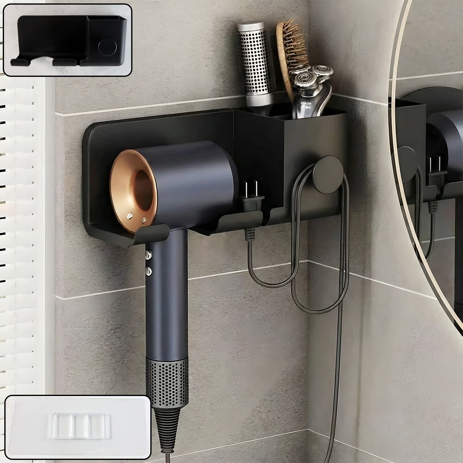 Wall mounted hair dryer holder with shelf and hook for bathroom organization