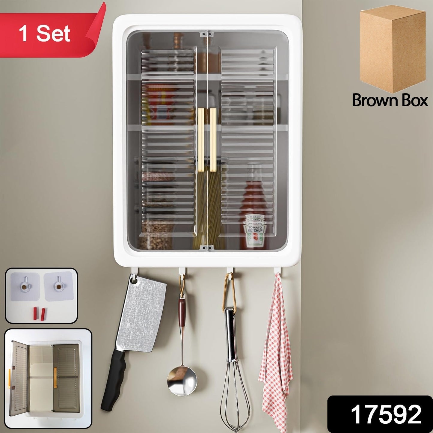 Interior shelves of kitchen cabinet filled with bottles and spice jars