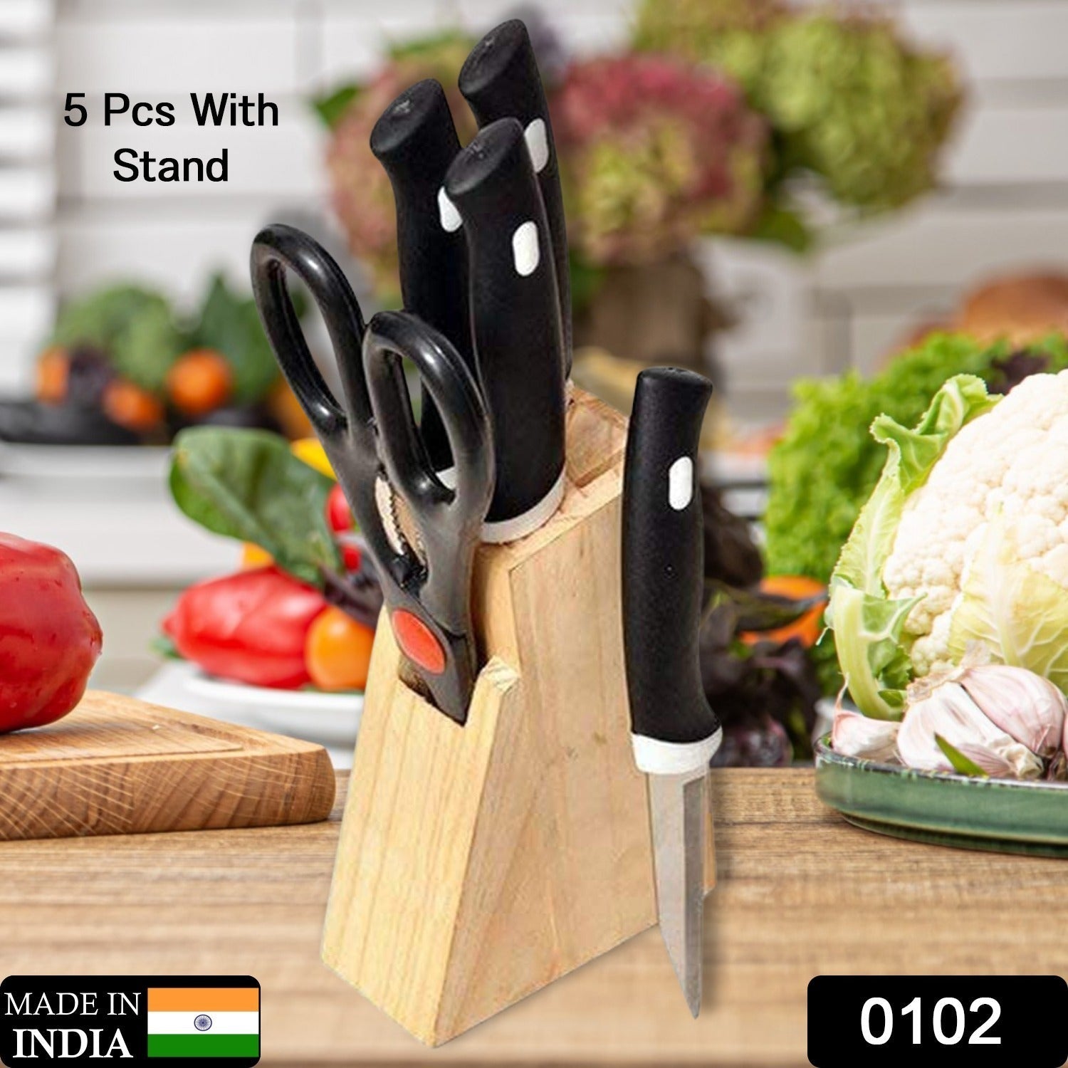 Wooden block knife set with sharp tempered steel blades in black handles