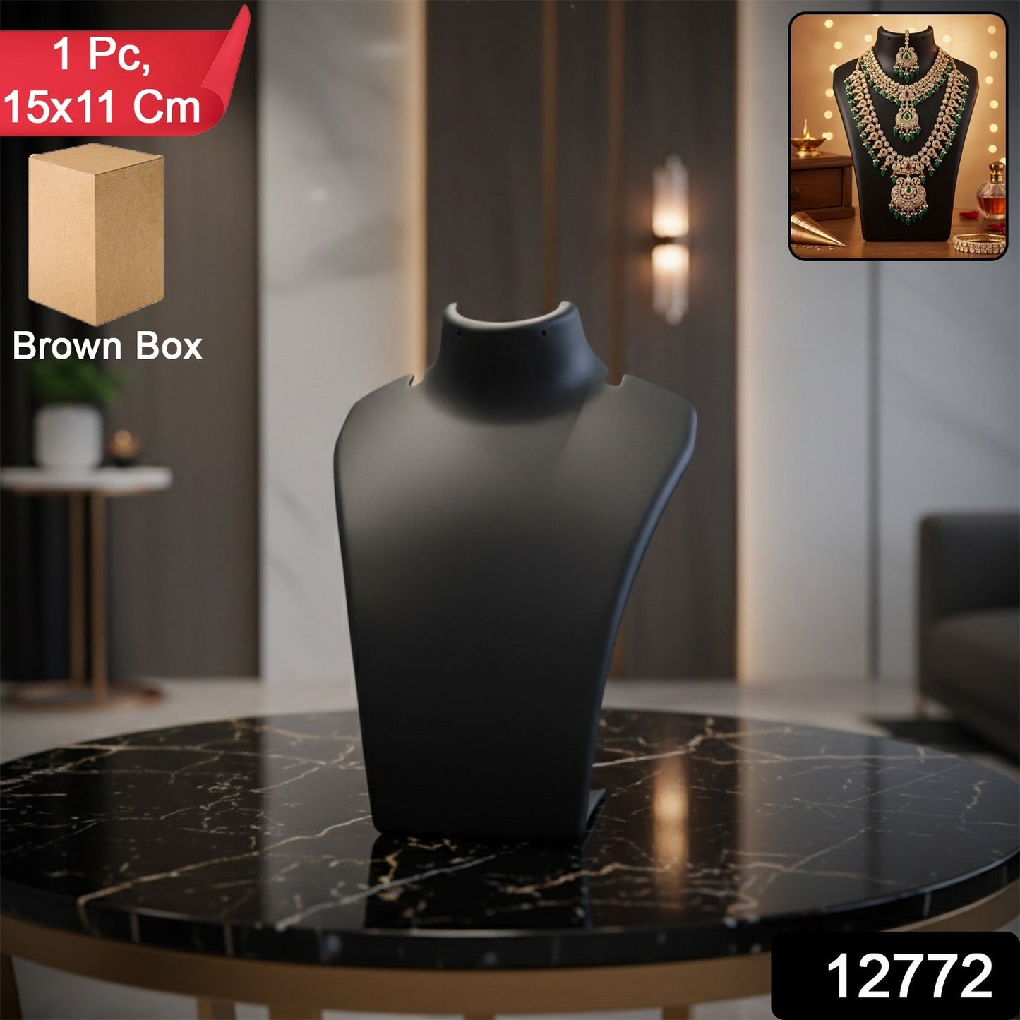Side view of black necklace display stand mannequin bust enhancing jewellery details in India