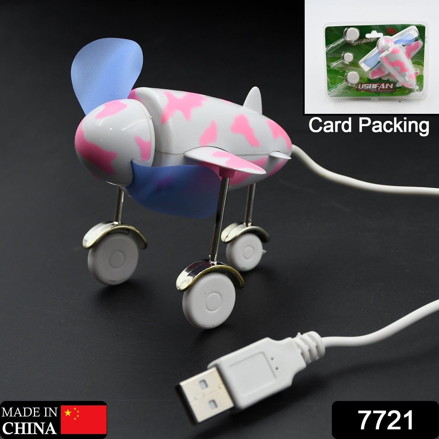 Close-up of the unique plane design of the portable USB fan.
