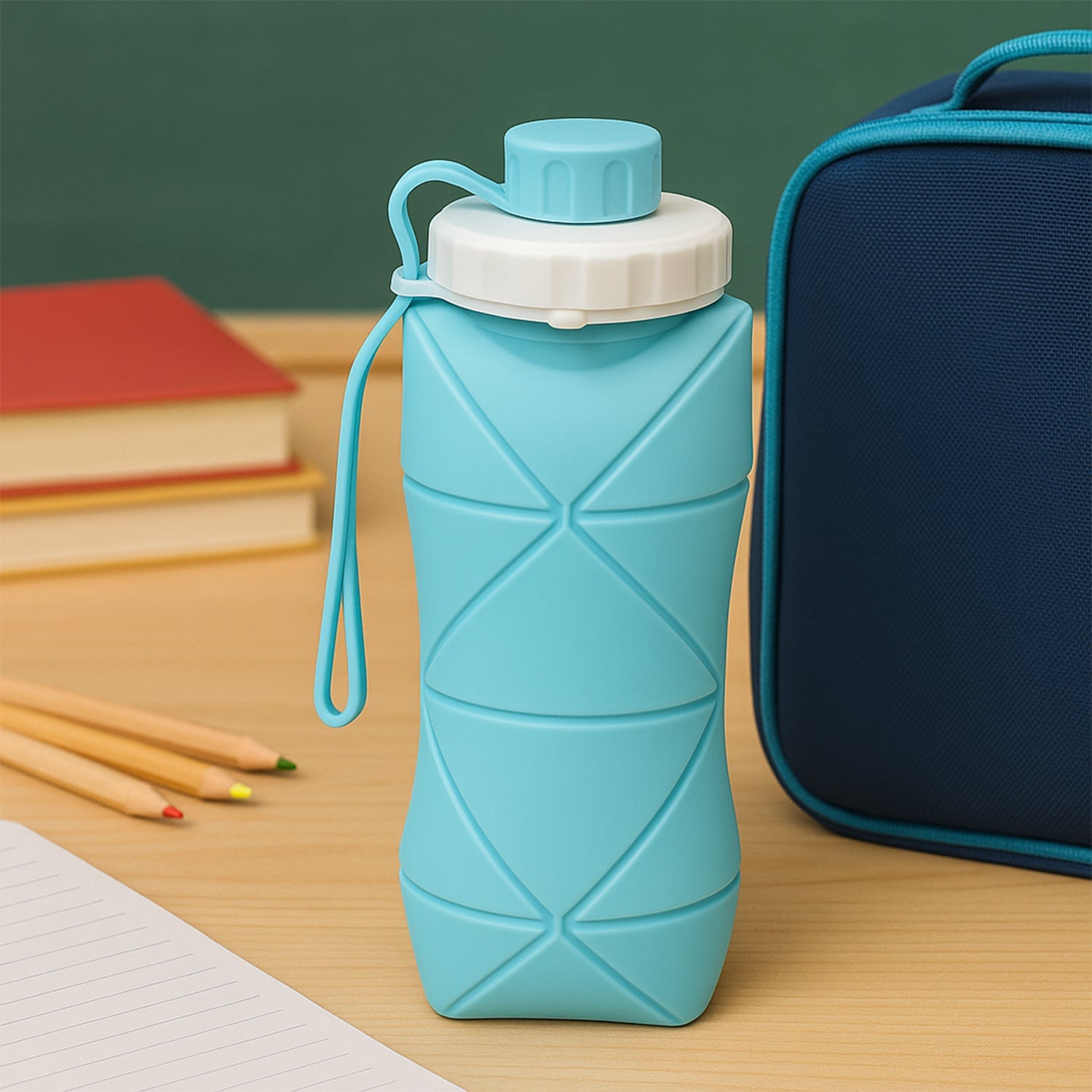 Foldable silicone water bottle compactly stored for outdoor use