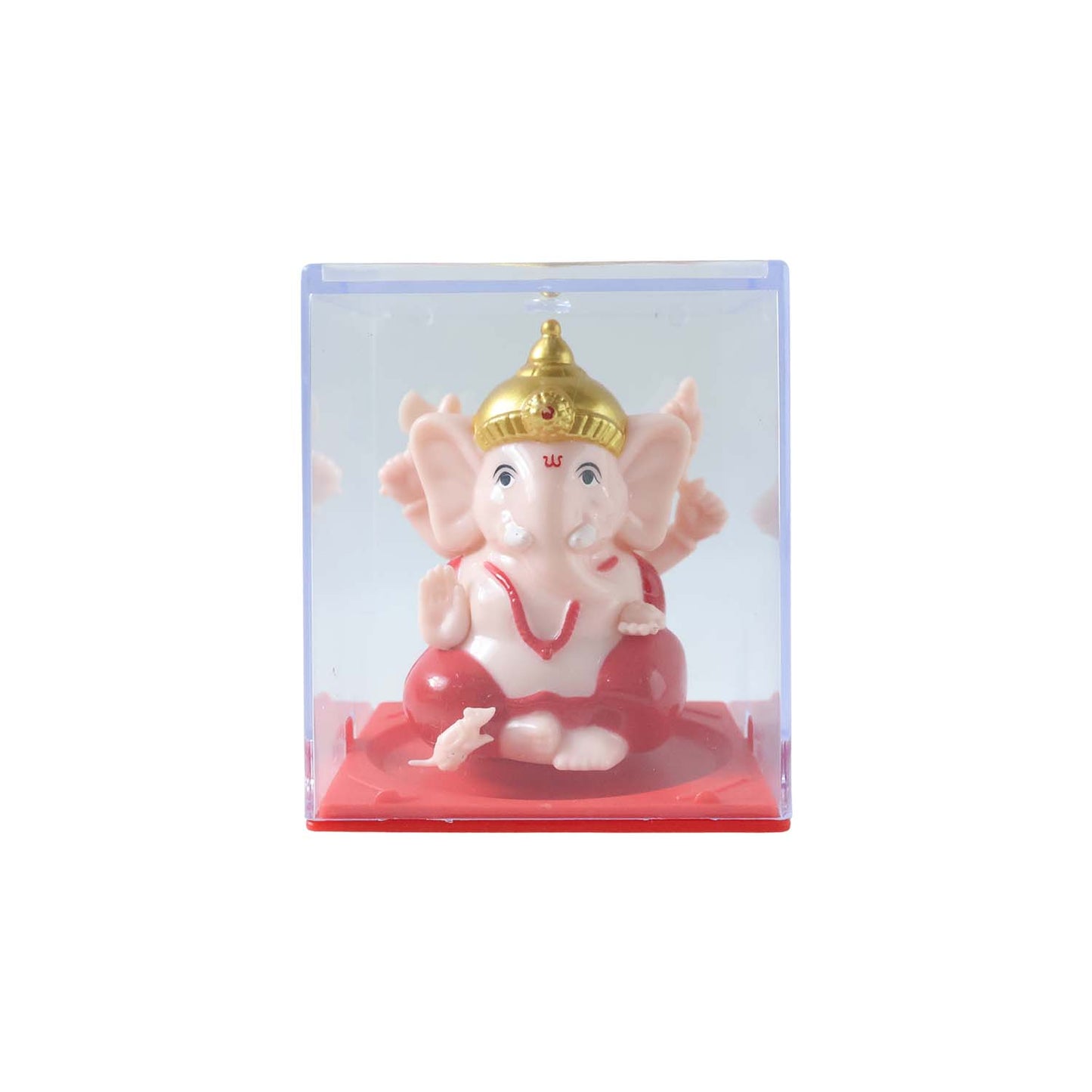 Close-up image highlighting bright red and gold details on Ganesha idol