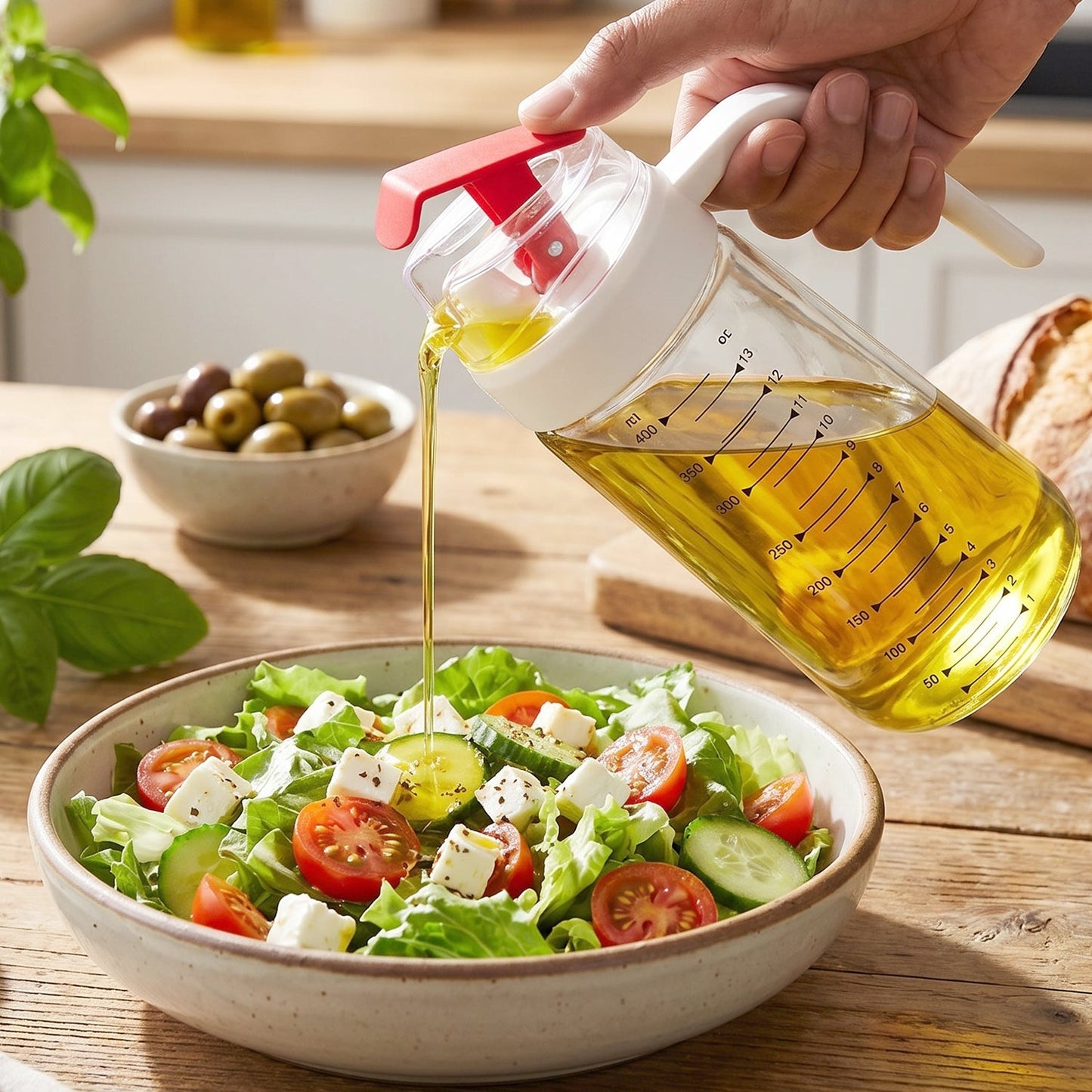 Hand pouring olive oil from glass dispenser with auto-flip lid onto salad